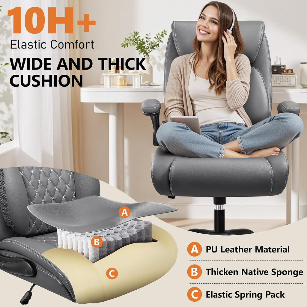BESTFAIR Office Chair, Ergonomic Computer Desk Chairs with Lumbar Support for Lower Back Pain Relief, Executive Leather Home Chair Comfy with Padded Flip-up Armrests, Gray, 4-Pack
