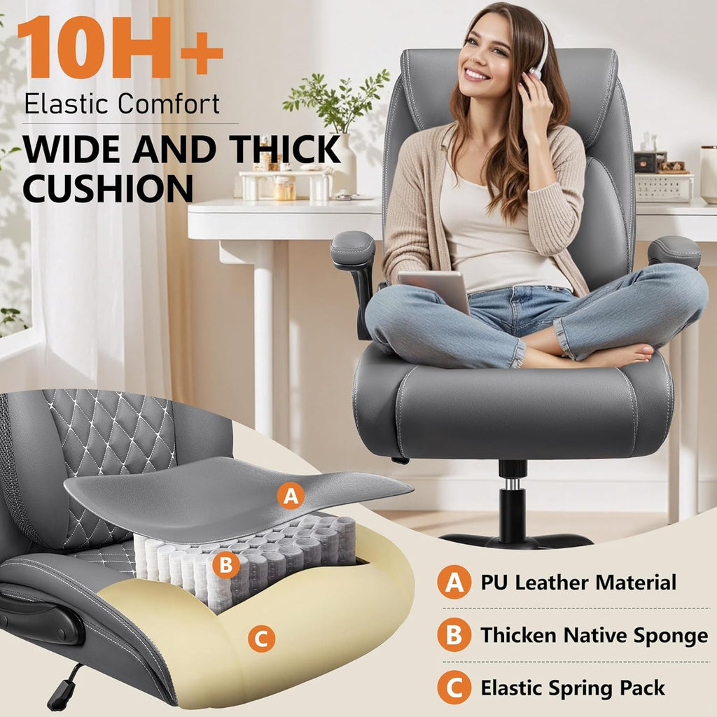 BESTFAIR Office Chair, Executive Computer Desk Chair with Lumbar Support for Lower Back Pain Relief, Ergonomic Leather Home Chair Comfy with Padded Flip-up Arms and Adjustable Armrests, Gray