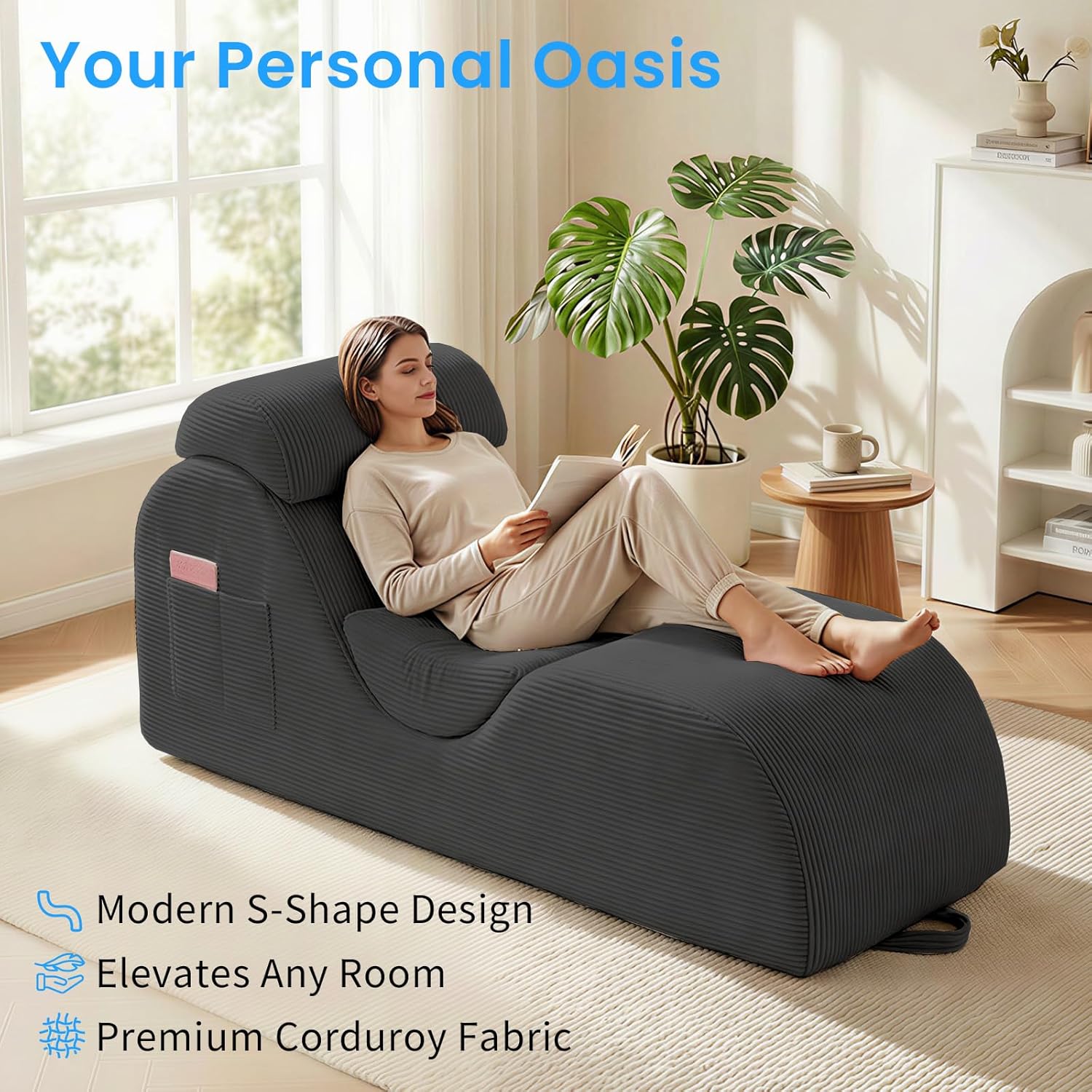ijuicy 25' Wide Ergonomic Stretch Yoga Chair, Modern Floor Relax Chaise Lounge Chair with Adjustable Headrest, Waist Support Cushion, Movable Footrest & Side Pockets-Light Grey