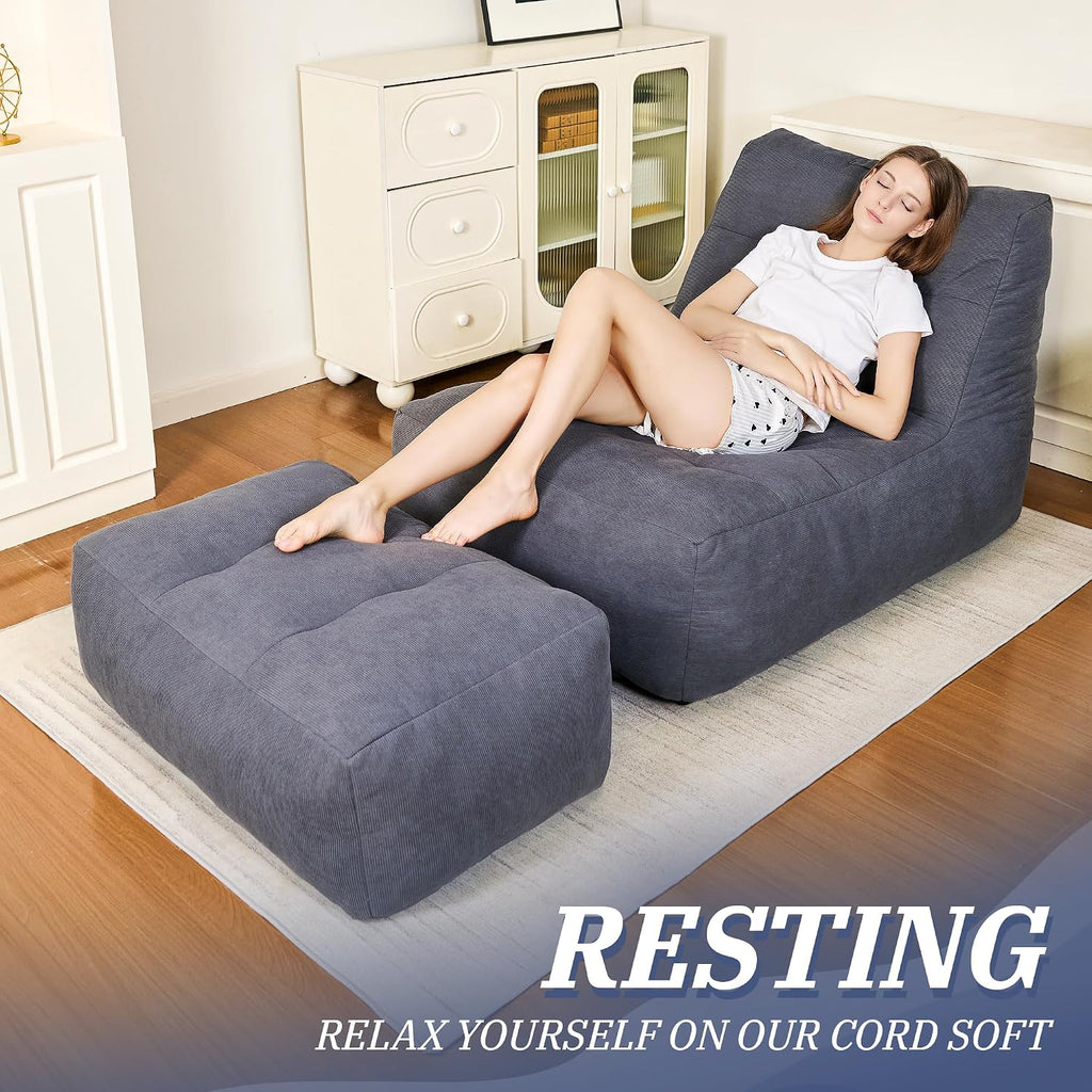 Bean Bag Chair with Ottoman, Giant Bean Bag Chairs for Adults with Memory Foam, Comfy Bean Bag Sofa for Bedroom, Lounge Beanbag of Reading and Gaming with Filler Included(Gray)