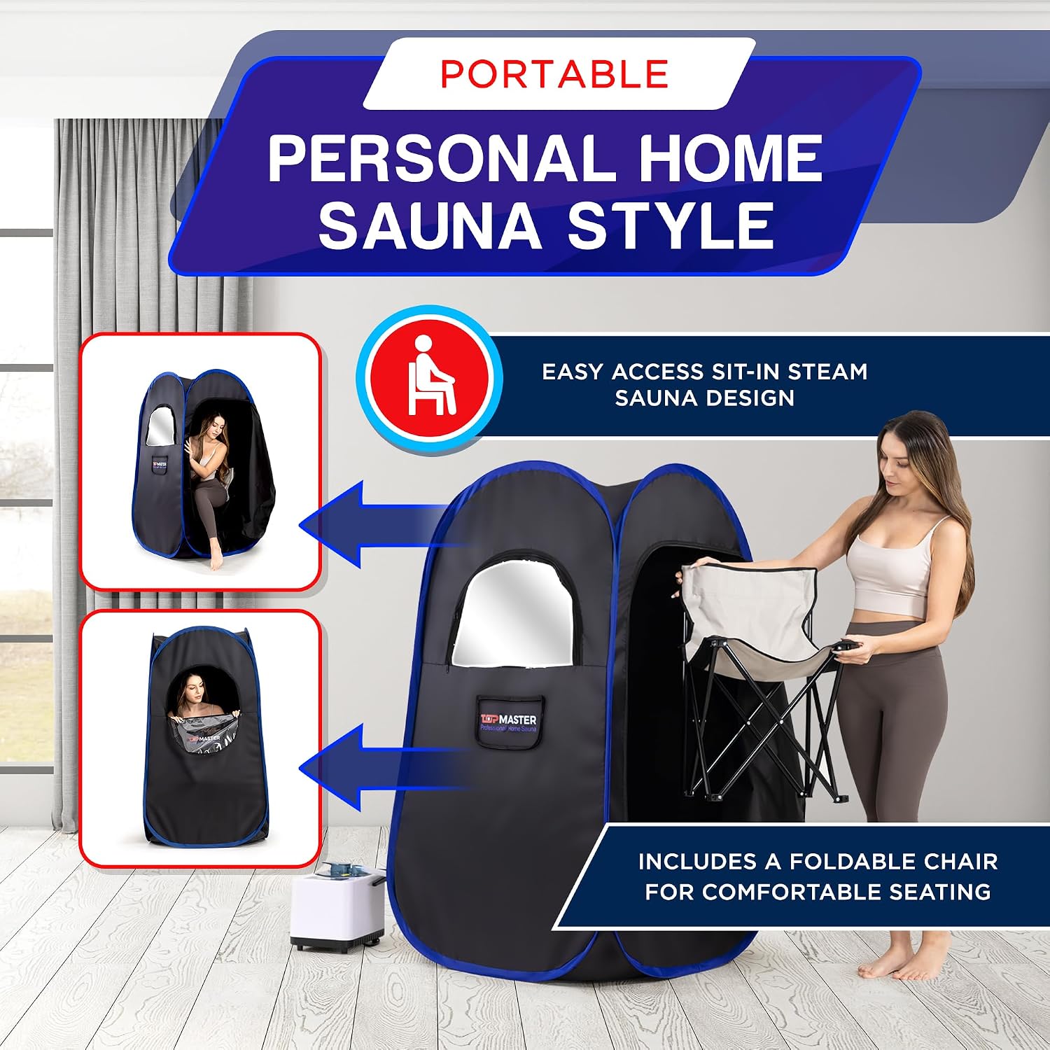 TopMaster Foldable Steam Sauna, Portable Steam Sauna for Home, Sauna Tent, Sauna Box Portable, Indoor Portable Sauna with Foldable Chair, Remote Controller - 3L 1100W Steam Generator Black