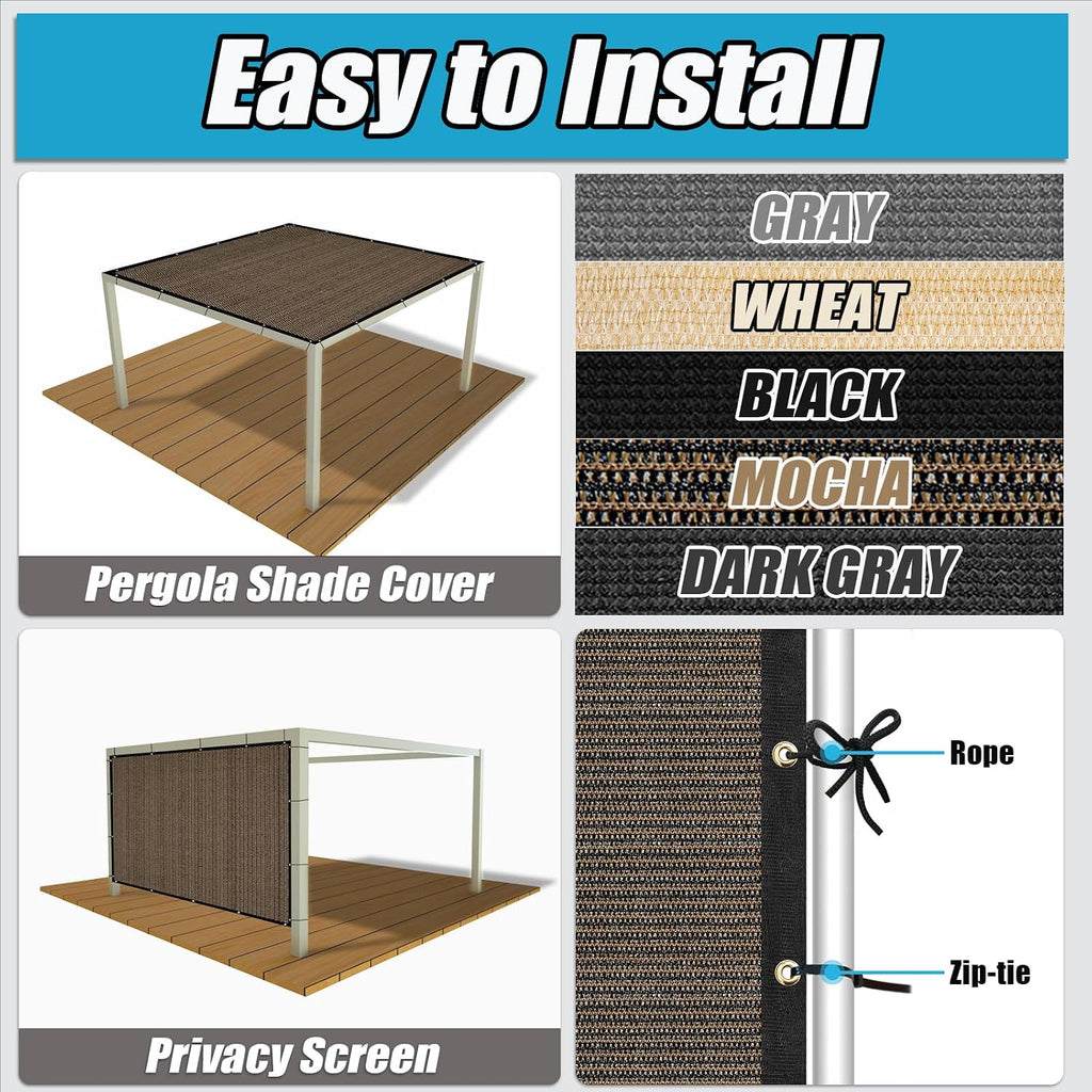 Amagenix 90% Pergola Shade Cover 12'X 20' Mocha Sun Shade Cloth with Grommets GN09 for Outdoor Garden Patio Porch, Commercial Grade 200 GSM - Cable Zip Ties Included (We Customized)
