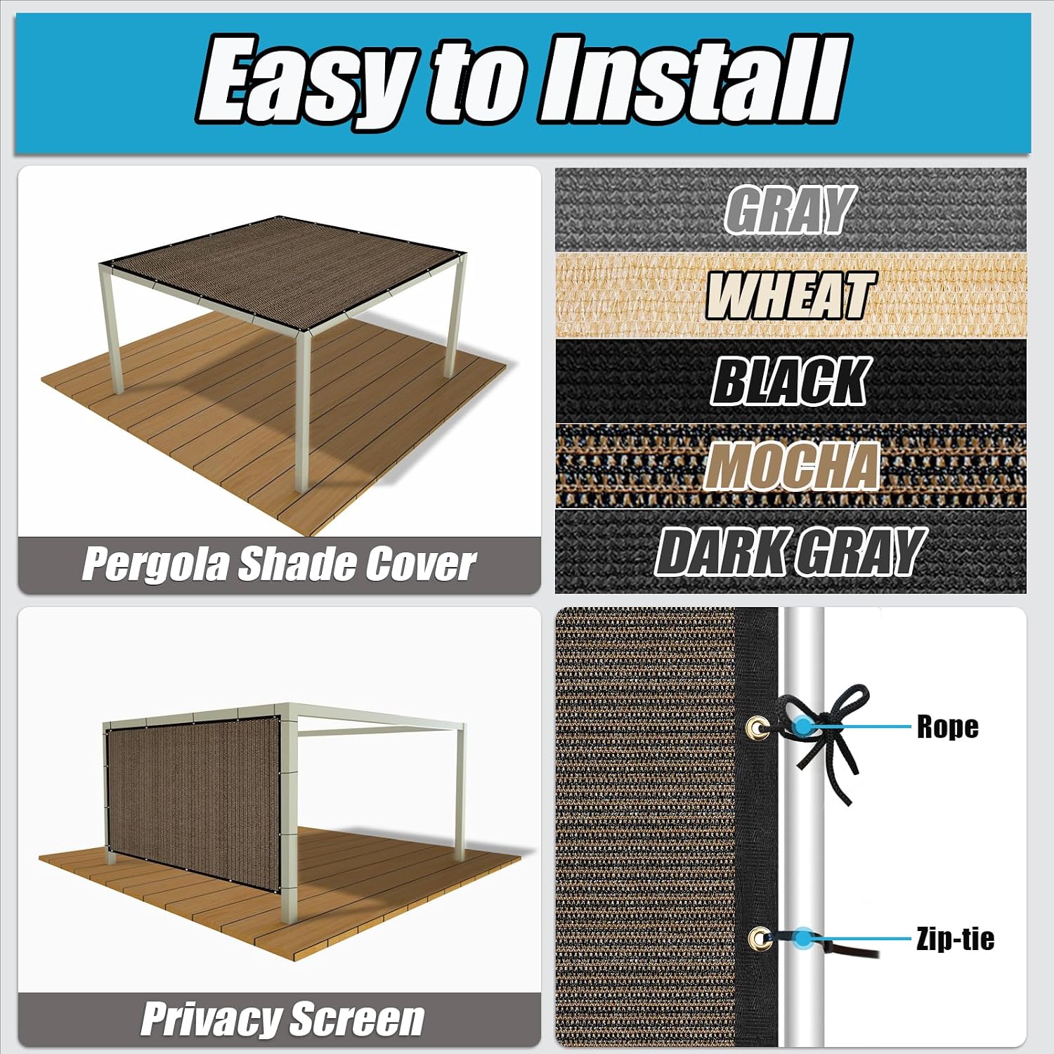 Amagenix 90% Pergola Shade Cover 12'X 20' Mocha Sun Shade Cloth with Grommets GN09 for Outdoor Garden Patio Porch, Commercial Grade 200 GSM - Cable Zip Ties Included (We Customized)