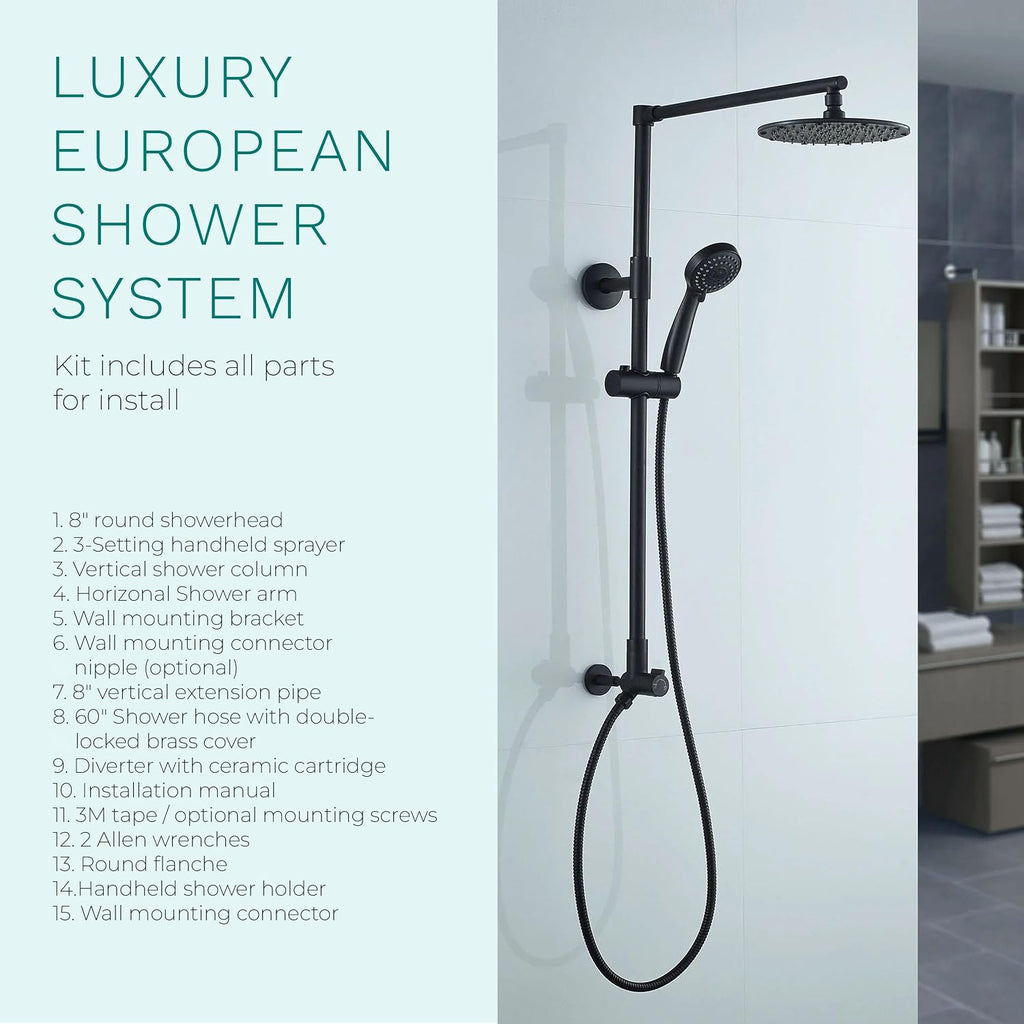 Fennocasa Polaris 3 Rain Shower System, 8' Rainfall Shower Head and Handheld Shower Combo, includes 3-Setting Handheld Spray, Height Adjustable Shower Wand Holder, 60' Hose (1.8 GPM Matte Black)