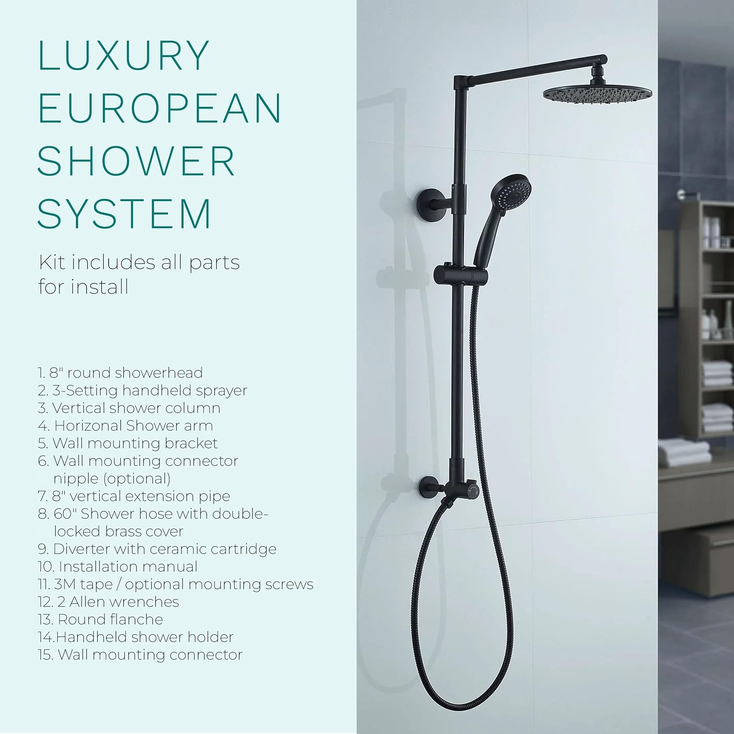 Fennocasa Polaris 3 Rain Shower System, 8' Rainfall Shower Head and Handheld Shower Combo, includes 3-Setting Handheld Spray, Height Adjustable Shower Wand Holder, 60' Hose (1.8 GPM Matte Black)