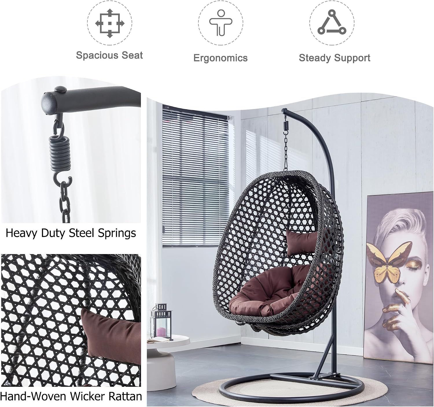 Swining Egg Chair with Stand,Wicker Rattan Hanging Egg Chairs, Patio Swing with UV Resistant Cushion, Outdoor Indoor Hanging with Foldable Basket Metal Stand for Bedroom (Black-S)