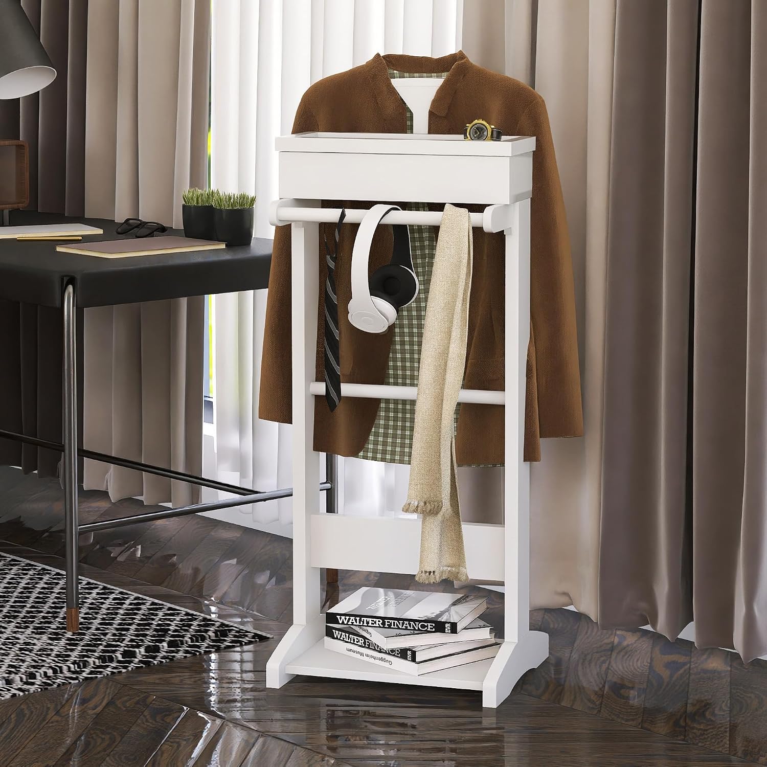 Wooden Valet Stand for Men, Clothing Valet Stand with Tray Organizer, shoe shelf and Hanging Suit, Freestanding Portable Coat Rack for Entryway, Bedroom, Office (White)