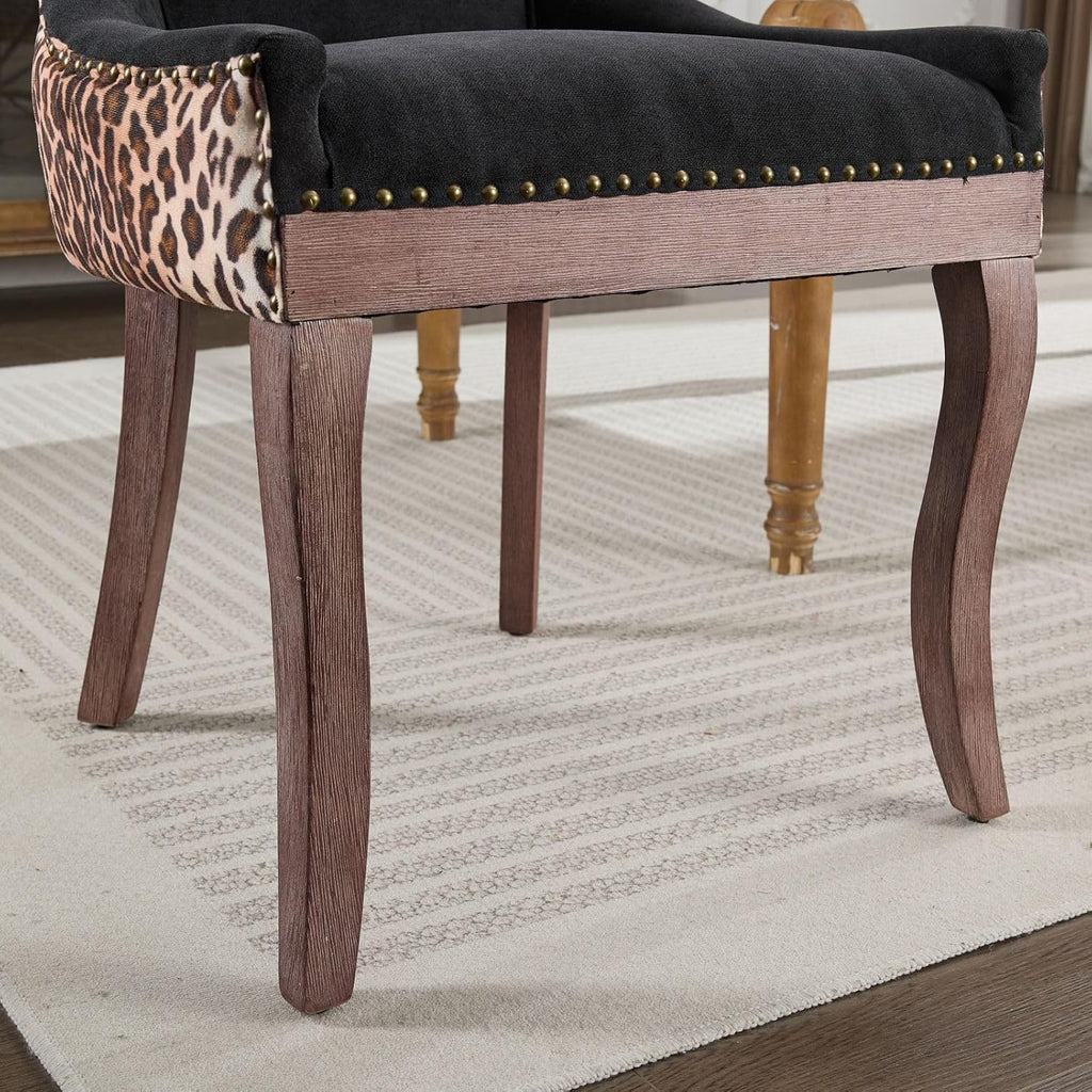 Ball & Cast Mid-century Upholstered Dining Chairs Set of 2, Thickened Fabric Wing Back Kitchen Side-Chairs with Bronze Nail Head & Toned Solid Wood Legs, Two Tone Traditional Chair,Black+Leopard Print