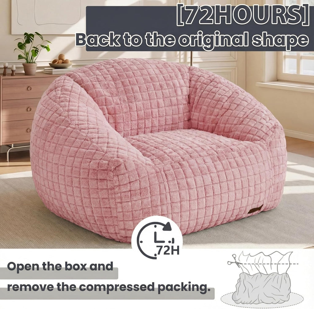 Bean Bag Chairs for Adults, Giant Beanbag Sofa Comfy Reading Chair, Oversized Bean Bag Chairs for Living Room Bedroom, Soft Faux Fur Fabric, 3.2FT, Pink, Checkered