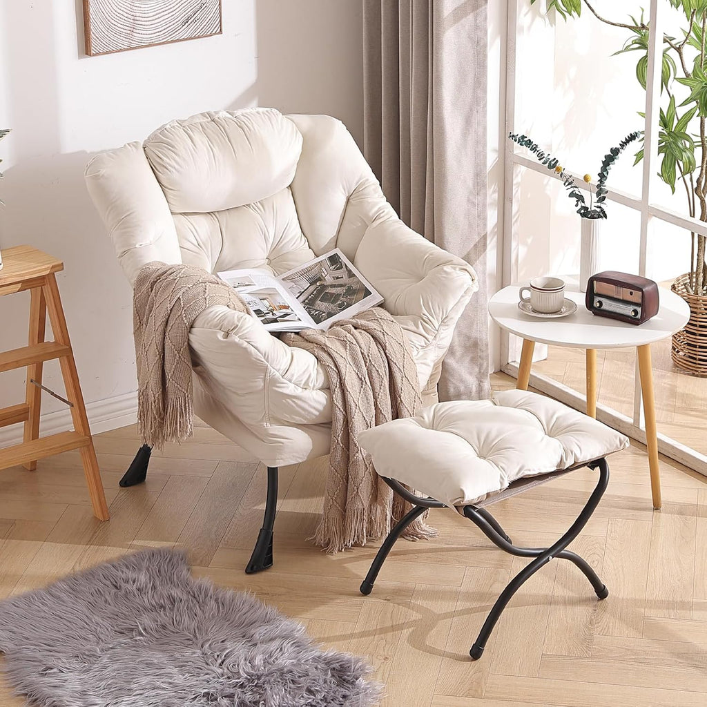 Welnow Lazy Chair with Ottoman, Modern Accent Chair with Armrests and a Side Pocket, Leisure Sofa Armchair, Reading Armchair with Footrest for Small Space, Beige
