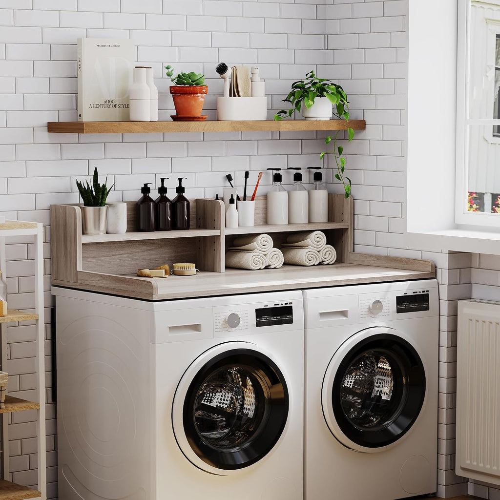 ChooChoo 2-Tier Washer Dryer Countertop with Adjustable Shelf, Spacious Laundry Room Storage for Folding Clothes and Efficient Organization, Oak