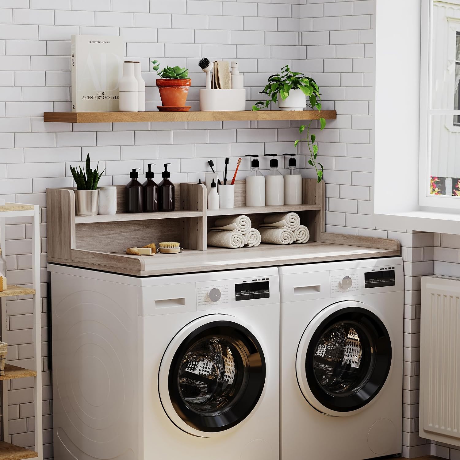 ChooChoo 2-Tier Washer Dryer Countertop with Adjustable Shelf, Spacious Laundry Room Storage for Folding Clothes and Efficient Organization, Oak
