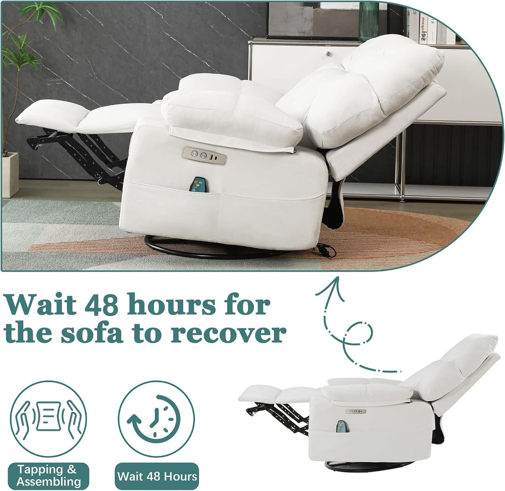 Power Swivel Rocker Recliner Chair Oversized for Adults, Electric Heated & Massage Chair Recliner with USB/Type-C, Fabric Nursery Recliner for Living Room,Bedroom, White