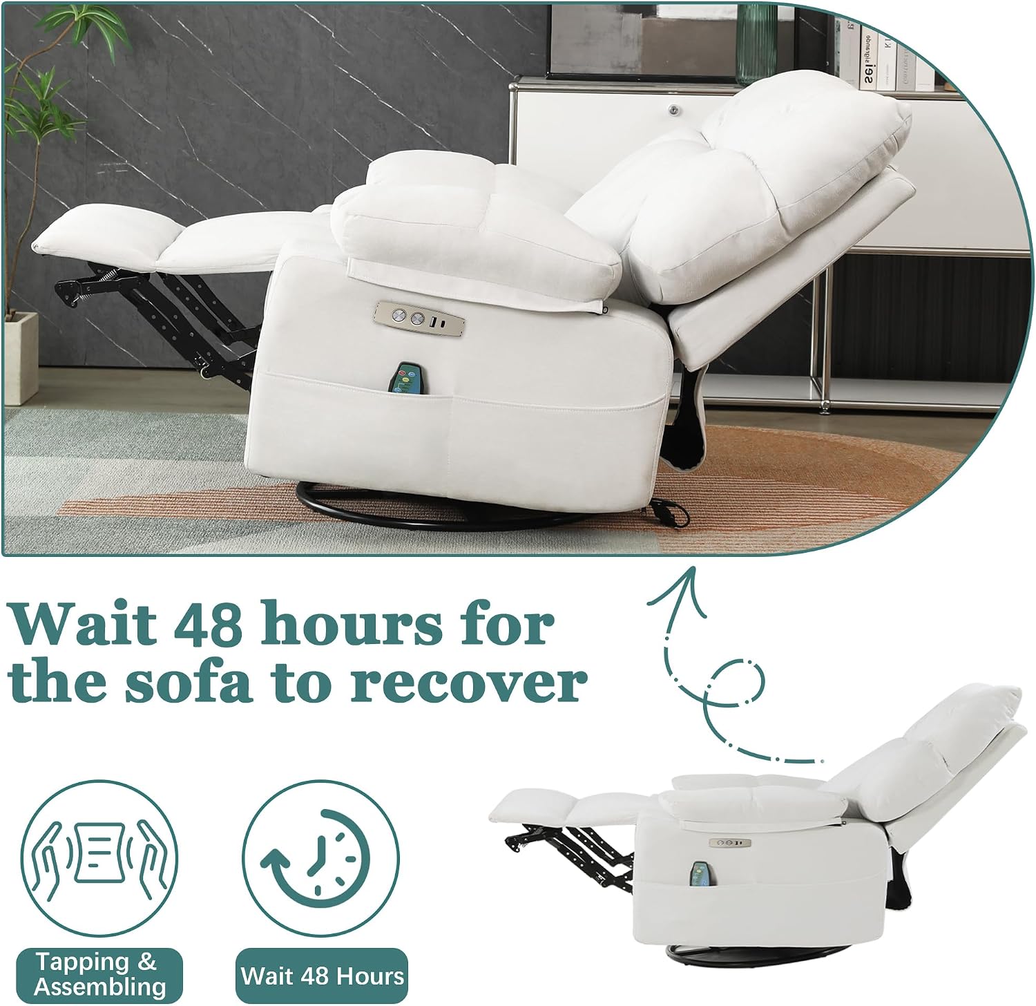Power Swivel Rocker Recliner Chair Oversized for Adults, Electric Heated & Massage Chair Recliner with USB/Type-C, Fabric Nursery Recliner for Living Room,Bedroom, White