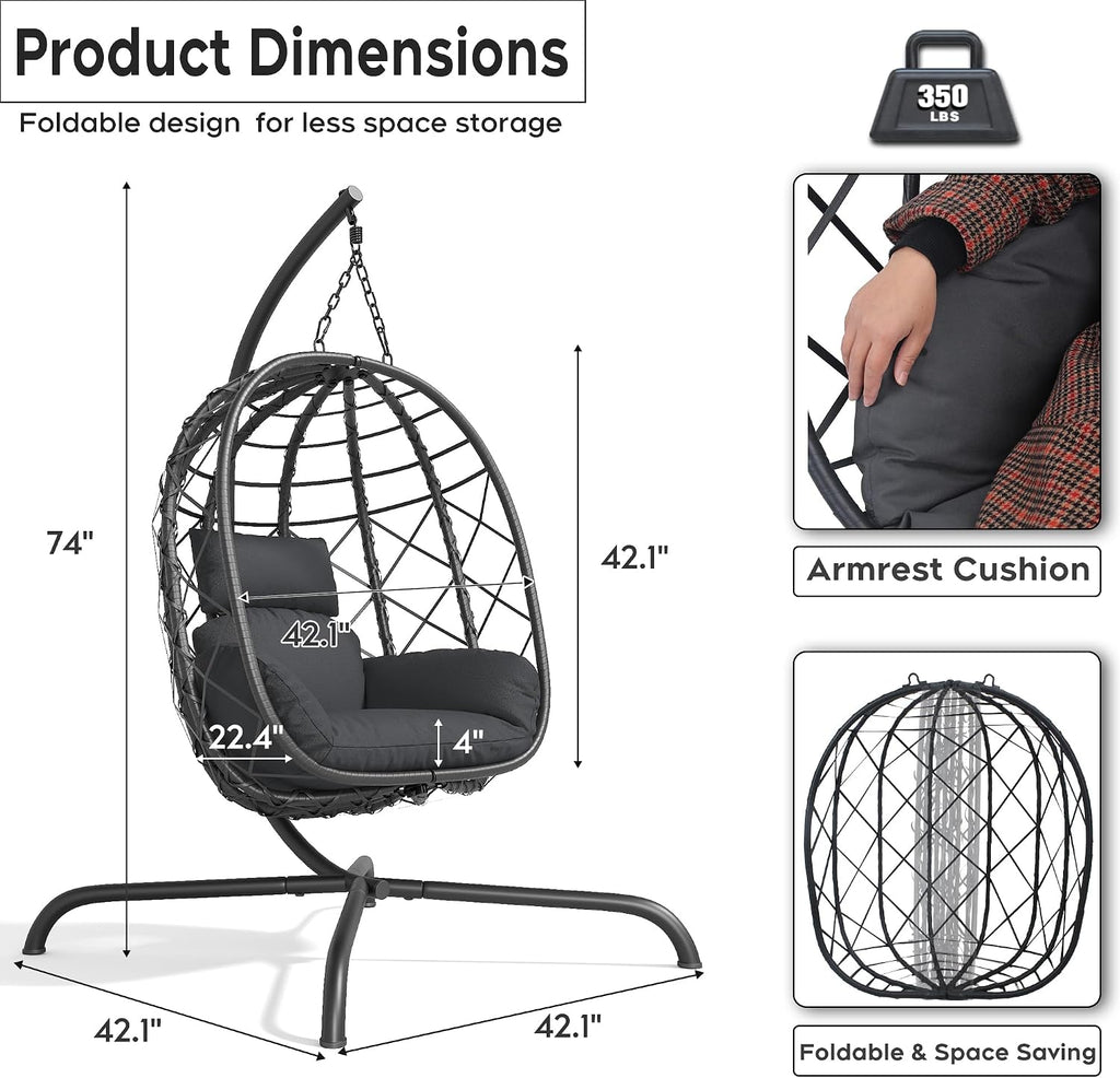 Foldable Hanging Egg Chair with Stand - Wicker Swing Hammock Chair with Cushion - for Patio Porch Balcony Weight Capacity 350lbs (Dark Gray)