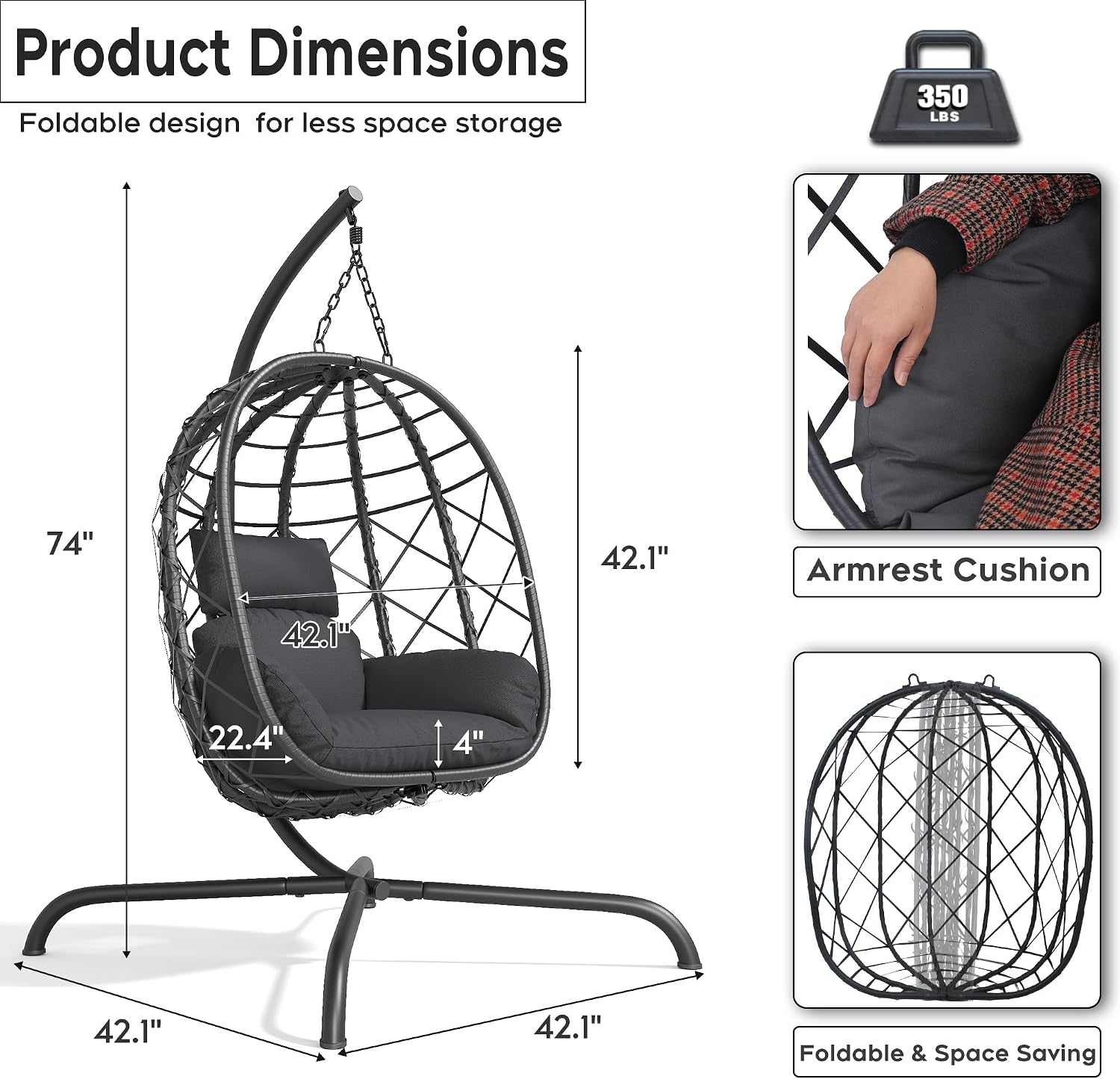Foldable Hanging Egg Chair with Stand - Wicker Swing Hammock Chair with Cushion - for Patio Porch Balcony Weight Capacity 350lbs (Dark Gray)