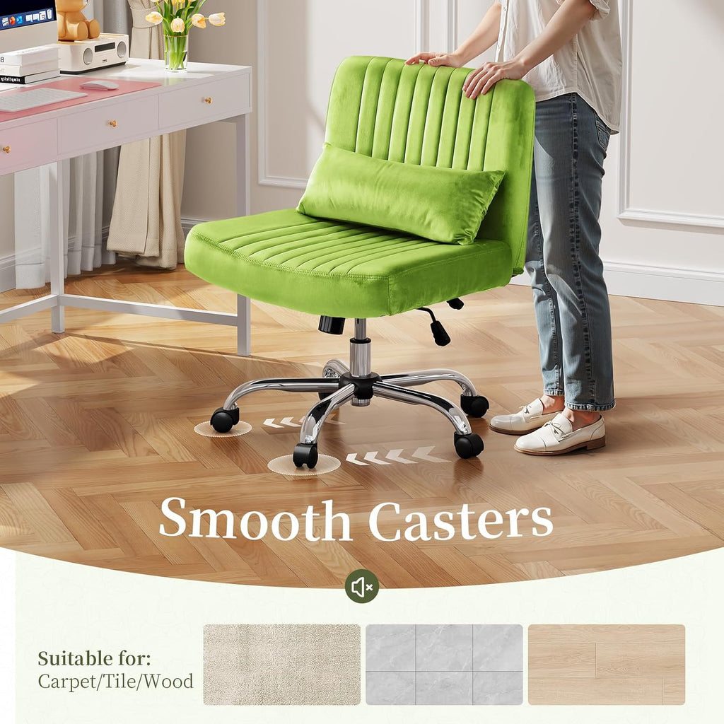 Warmiehomy Velvet Cross Legged Office Chair, Comfy Desk Chair for Home Office, Criss Cross Chair with Wheels, Height Adjustable Vanity Chair, Swivel Wide Seat Computer Chair Gift, Velvet Moss Green