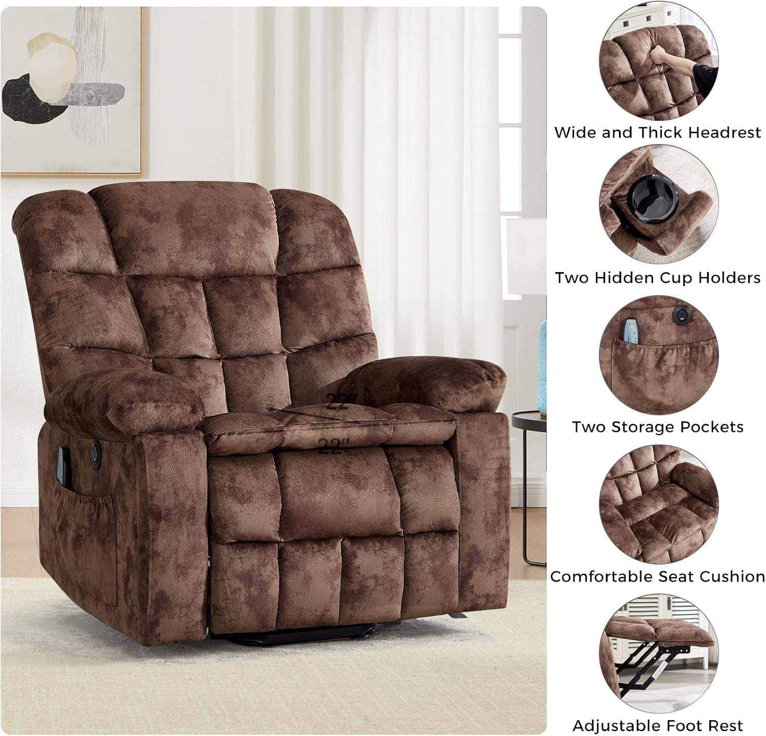 IOMOR Power Lift Recliner Chair for Elderly with Vibration Massage and Lumbar Heating, Overstuffed Electric Lift Chair with 2 Side Pockets and Cup Holders, USB & Type-C for Living Room, Textile Brown