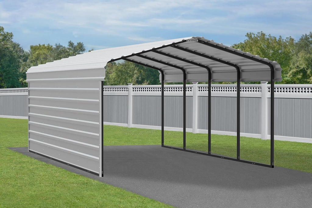Arrow Carports Galvanized Steel Carport, with 1-Sided Enclosure, Compact Car Metal Carport Kit, 12' x 20' x 7', Eggshell