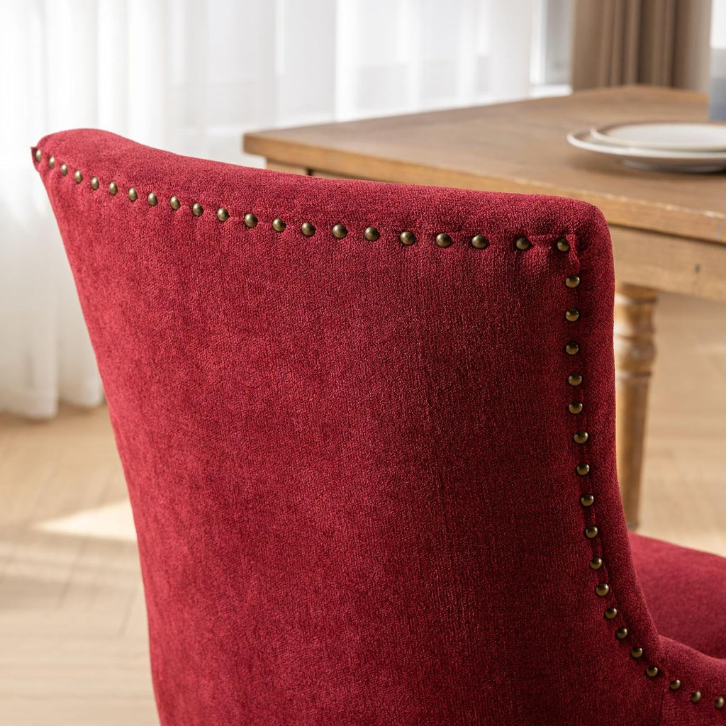 Ball & Cast Mid-Century Upholstered Dining Chairs Set of 2, Thickened Fabric Wing Back Kitchen Side-Chairs with Bronze Nail Head & Toned Solid Wood Legs, 2-Piece Traditional Chair, Wine Red