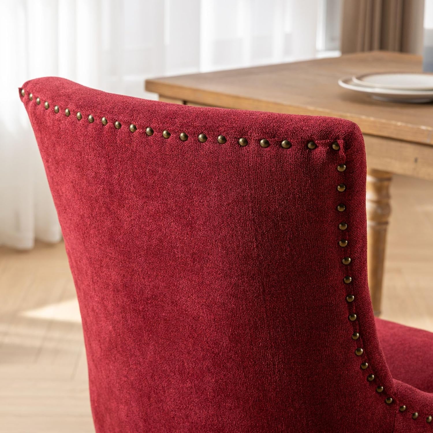 Ball & Cast Mid-Century Upholstered Dining Chairs Set of 2, Thickened Fabric Wing Back Kitchen Side-Chairs with Bronze Nail Head & Toned Solid Wood Legs, 2-Piece Traditional Chair, Wine Red