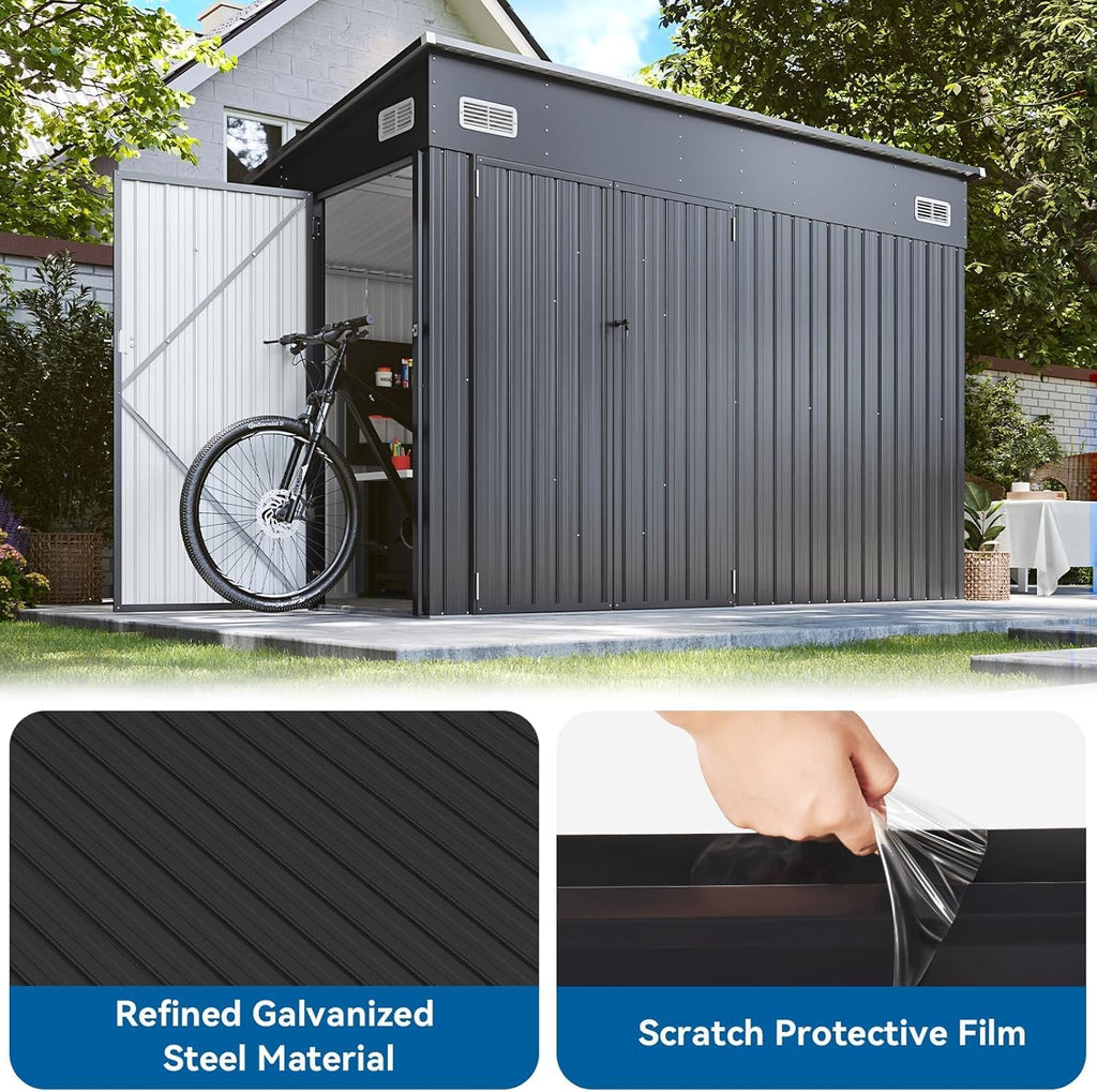 354 cu.ft Shed 9.5x7.4 Ft Premium Galvanized Steel Storage Sheds with Triple Doors Weatherproof Outdoor Utility Sheds, Dual Lock Lean to Shed for Mower, Bike, Generator, Garden Tools (Black)