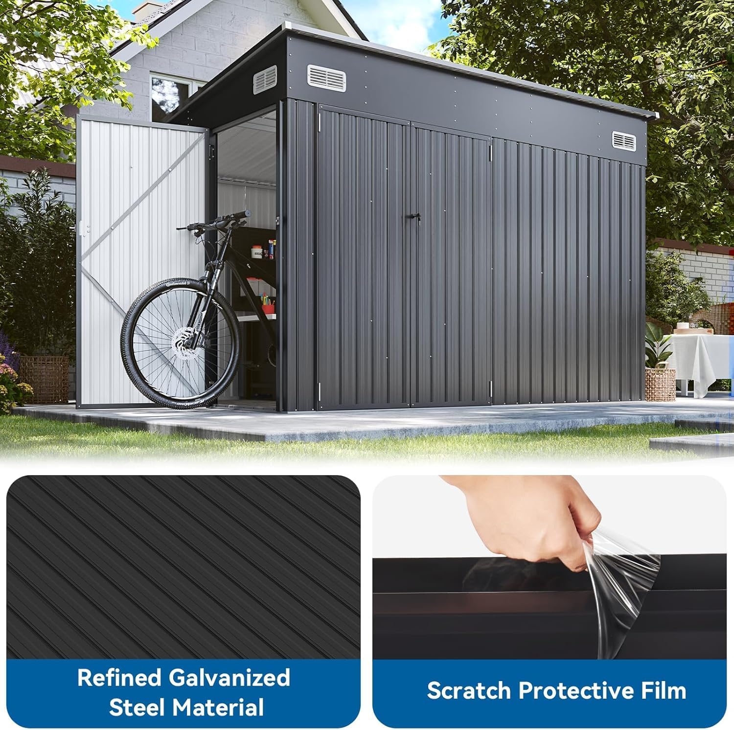 354 cu.ft Shed 9.5x7.4 Ft Premium Galvanized Steel Storage Sheds with Triple Doors Weatherproof Outdoor Utility Sheds, Dual Lock Lean to Shed for Mower, Bike, Generator, Garden Tools (Black)