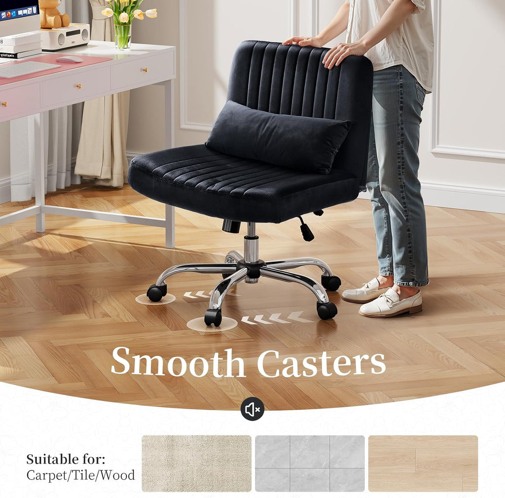 Warmiehomy Criss Cross Chair, Luxury Velvet Cross Legged Chairs, Office Chair for Home Office, Desk Chair with Height Adjustable, Wide Seat Computer Chair, Comfy Vanity Chair Gift, Classic Black