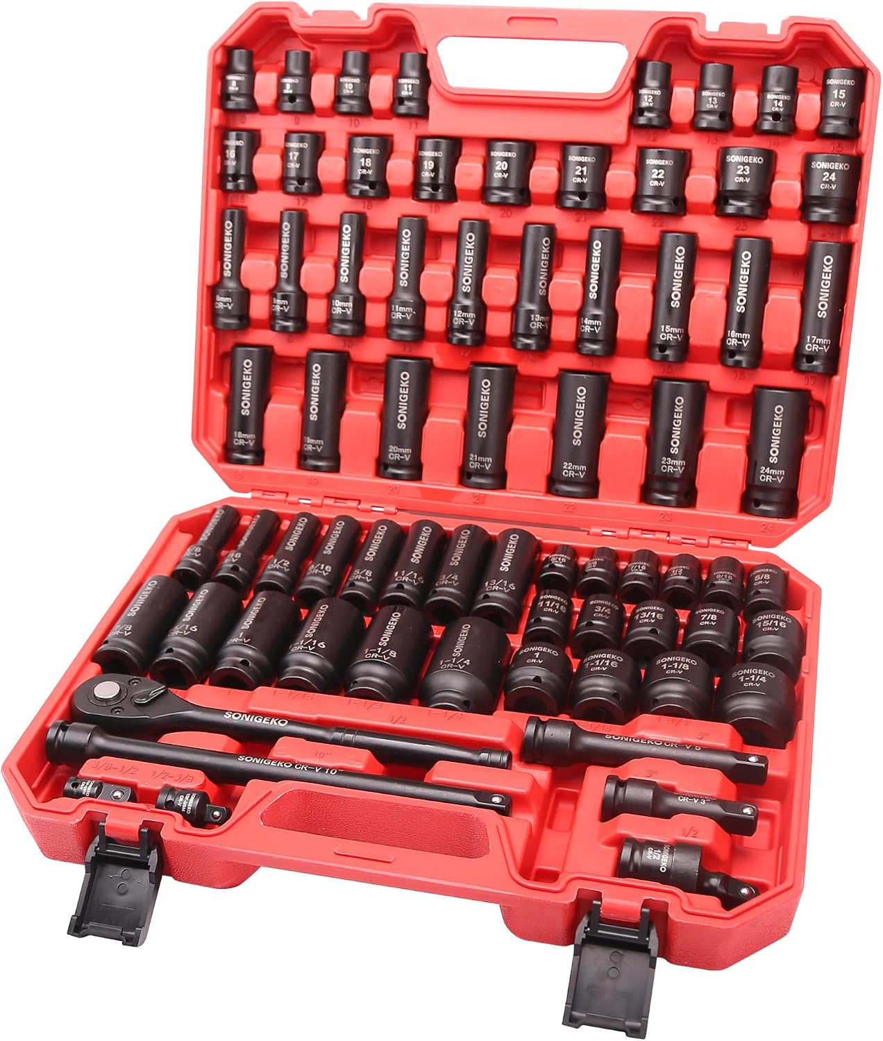 70-Piece 1/2' Drive Impact Socket Set, Cr-V Steel, Standard SAE & Metric Sockets with Ratchet Handle, Extension Bar, Adapters, and Storage Case
