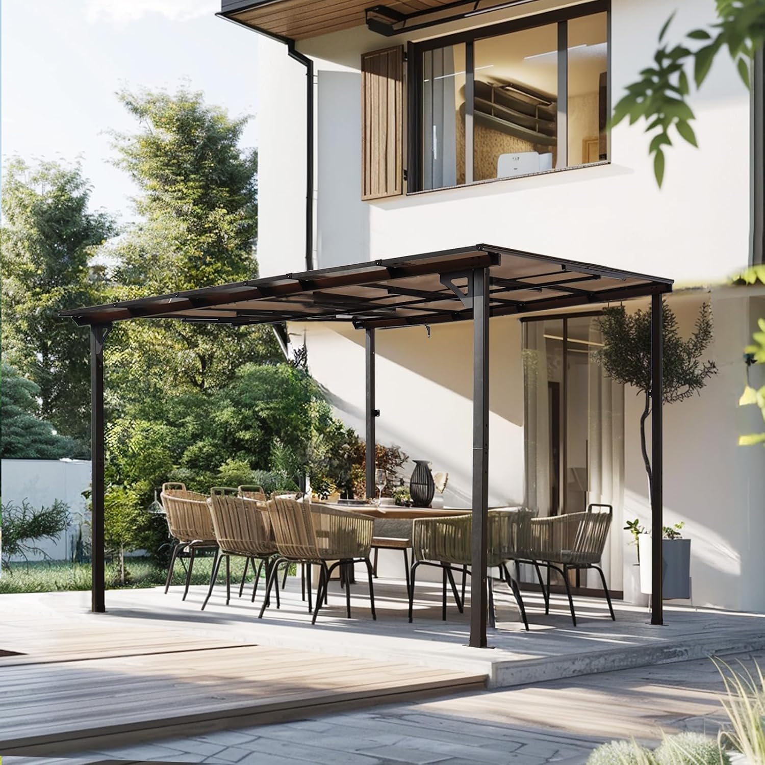 KEIKI 10x10 FT Outdoor Metal Flexible Top Lean to Gazebo Pergola with Sloped Roof, Heavy Duty Wall-Mounted Patio Awnings with Powder-Coated Steel Frame, for Lawn, Garden, Backyard and Deck, Grey