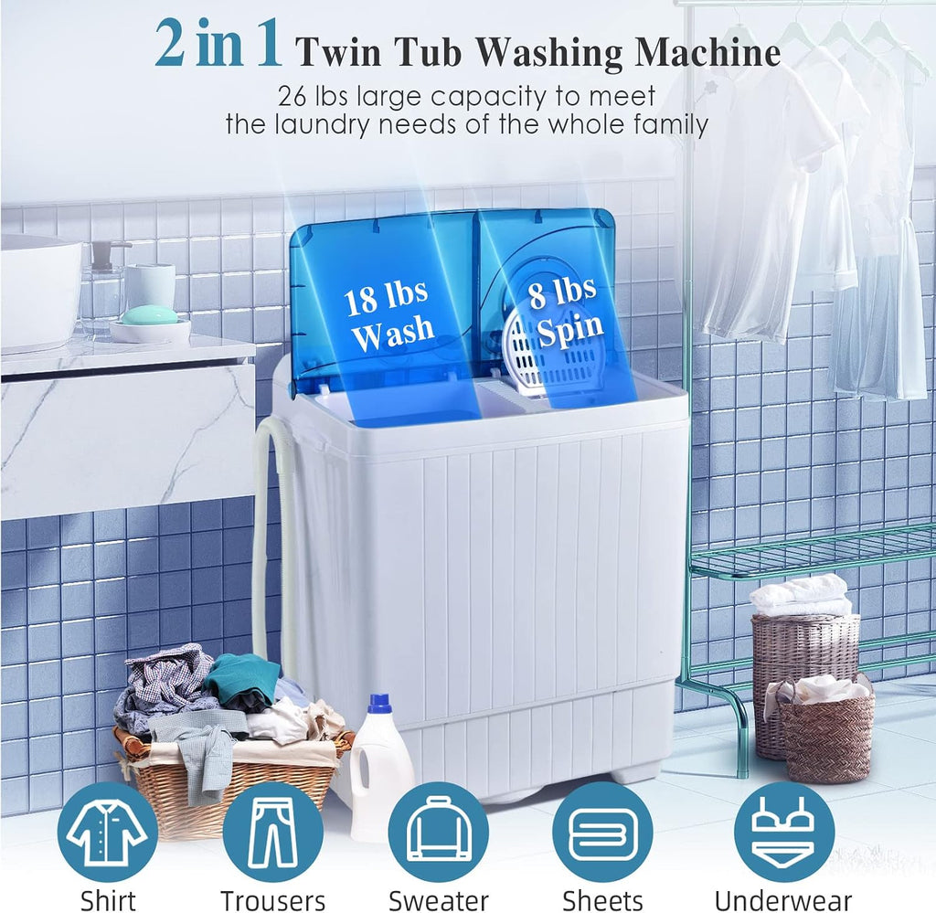 Giantex Portable Washing Machine, 26lbs Washer and Spinner Combo,18 lbs Washing 8 lbs Spinning, Built-in Drain Pump, w/Timer Control, Dorm Apartment Twin Tub Mini Laundry Washer Blue White