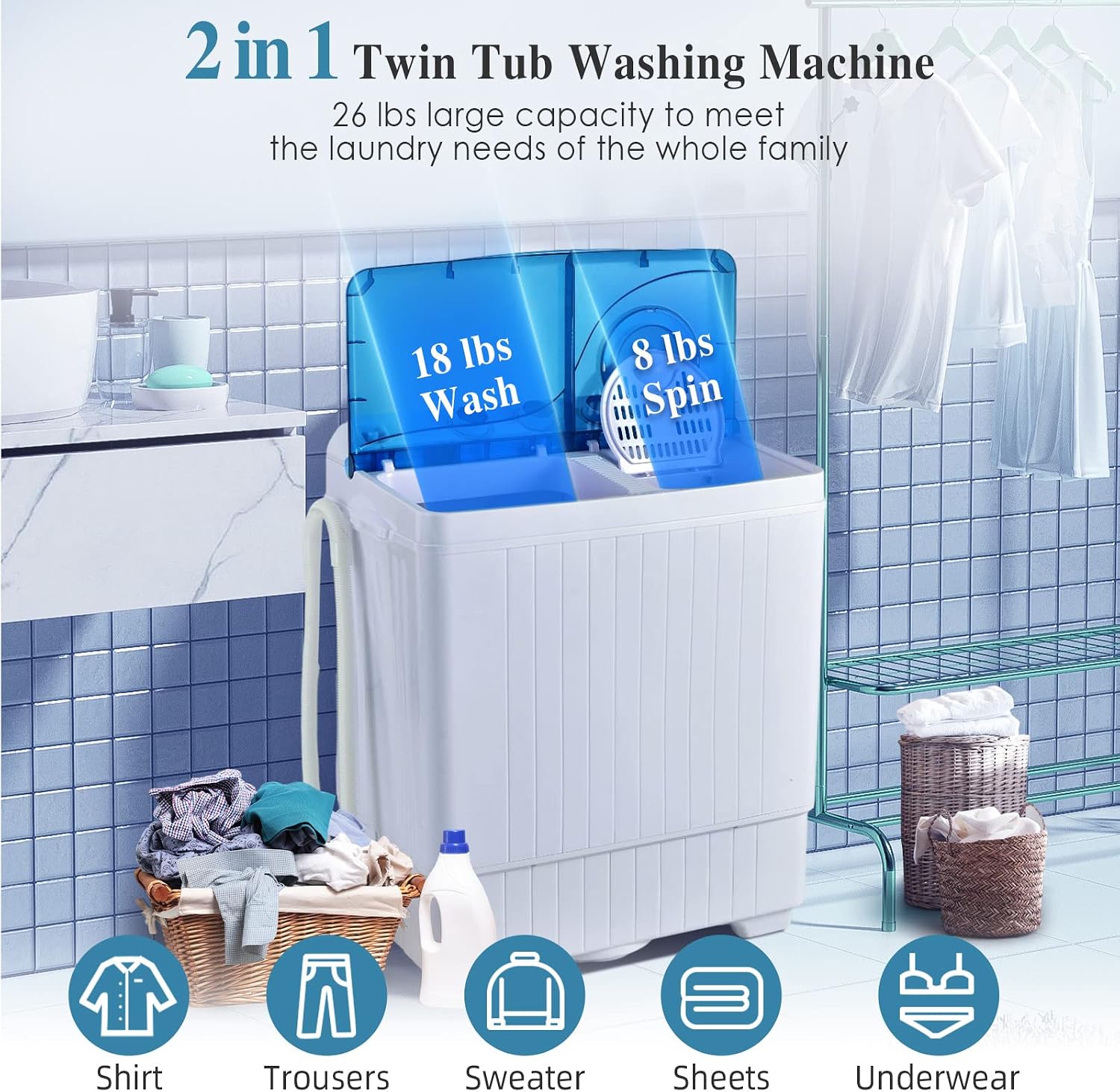 Giantex Portable Washing Machine, 26lbs Washer and Spinner Combo,18 lbs Washing 8 lbs Spinning, Built-in Drain Pump, w/Timer Control, Dorm Apartment Twin Tub Mini Laundry Washer Blue White