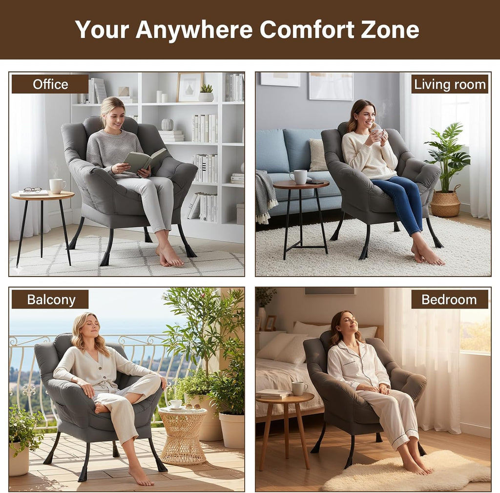 Welnow Dark Grey Single Lazy Chair for Living Room, Modern Reading Accent Chair with Armrests and a Side Pocket, Leisure Lazy Sofa Chair for Small Space, Bedroom, Dorm
