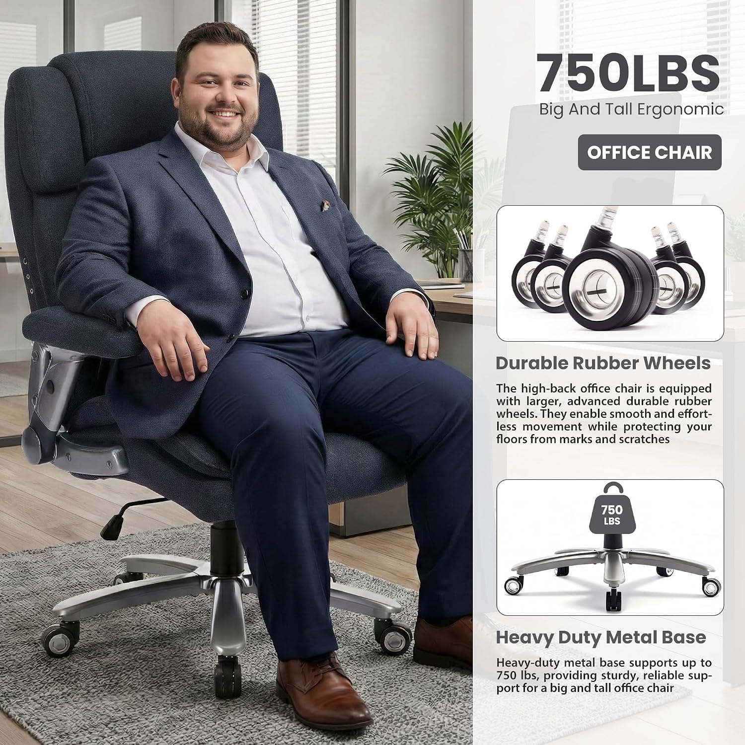 750lbs Heavy Duty Desk Chair with 3D Kneading Massage, Big and Tall Office Chairs with Ergonomic Support, 3D Armrests, 5 Quiet Dual Rubber Wheel, Thick Spring Cushion(Black-Fabric)