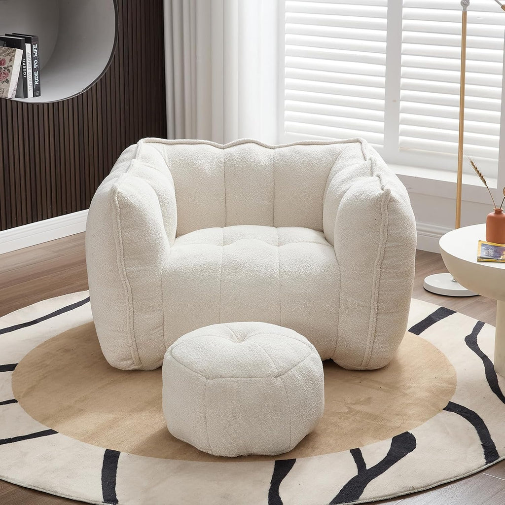 Giant Bean Bag Chair with Ottoman, Oversized Beanbag Chair for Adults, Comfy Floor Sofa Chair with Foam Filler, Pumpkin Lazy Lounger for Living Room, Game Room, Reading Corner, Chenille Beige