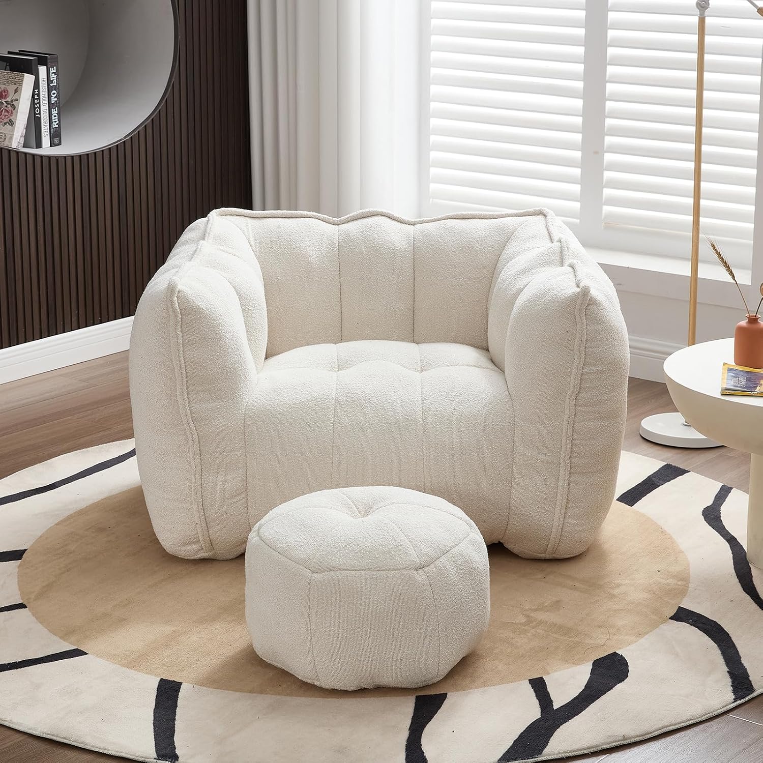 Giant Bean Bag Chair with Ottoman, Oversized Beanbag Chair for Adults, Comfy Floor Sofa Chair with Foam Filler, Pumpkin Lazy Lounger for Living Room, Game Room, Reading Corner, Chenille Beige