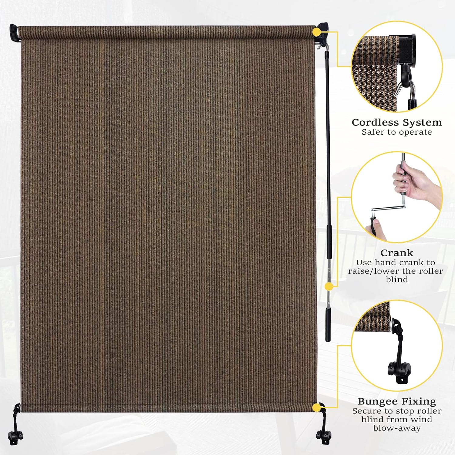 10' W x 8' H Outdoor Roller Shades, Cordless Patio Roll Up Outdoor Blinds with 2 Poles & 1 Fabric, Exterior Sun Shade Cloth for Porch, Gazebo, Balcony, Pergola, Mocha