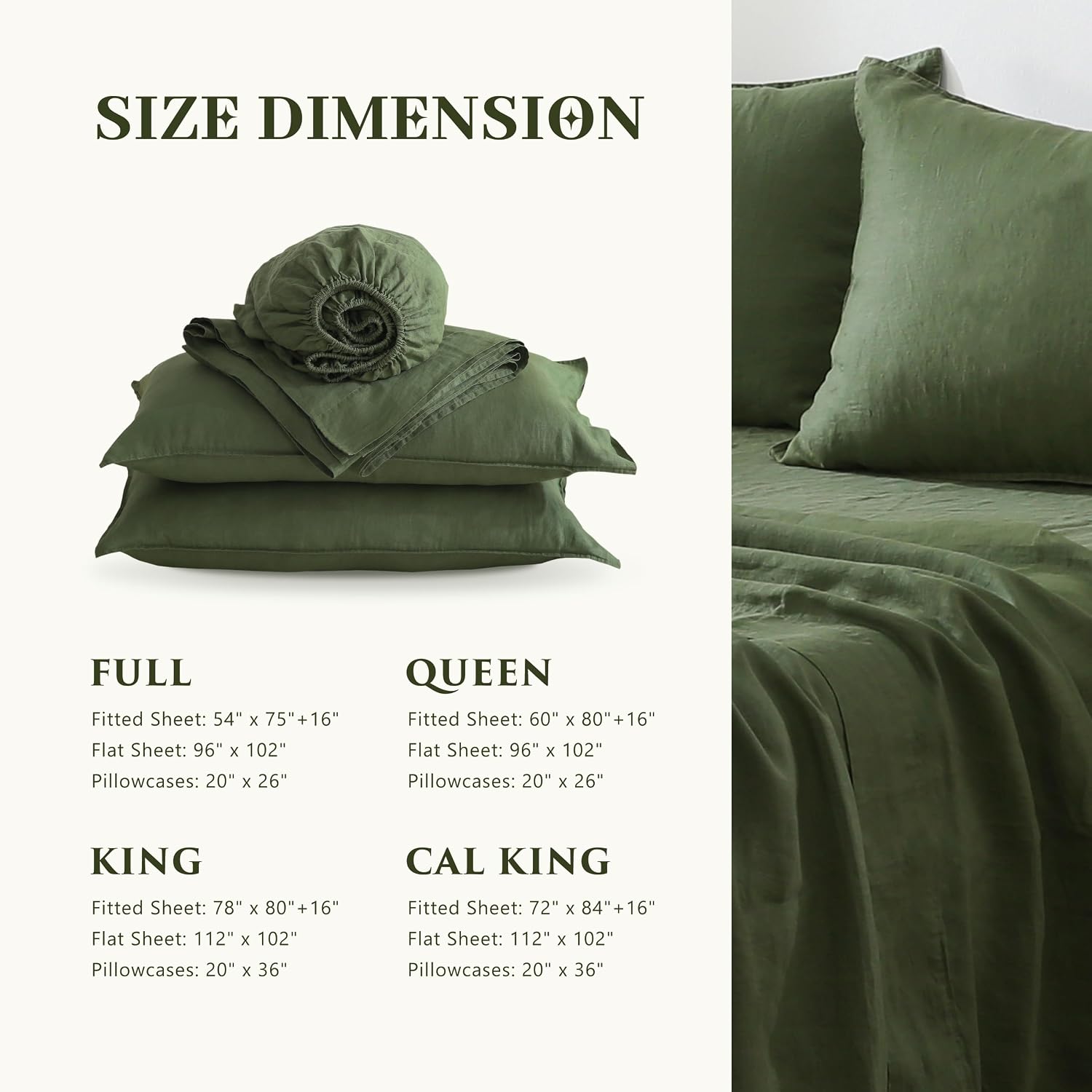 100% French Linen Sheets Set Cal King Size-4Pcs Natural Washed Flax Bed Sheets Soft Breathable and Durable- 1 Flat Sheet 1 Fitted Sheet 2 Pillowcases (Green, Cal King)