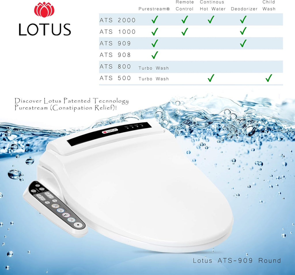 Lotus Bidet ATS-909 Round with Enema Wash (Purestream) for constipation relief, Heated Seat, Multi Modes Wash, Air Dryer, Deodorizer, Easy DIY Installation, Made in Korea