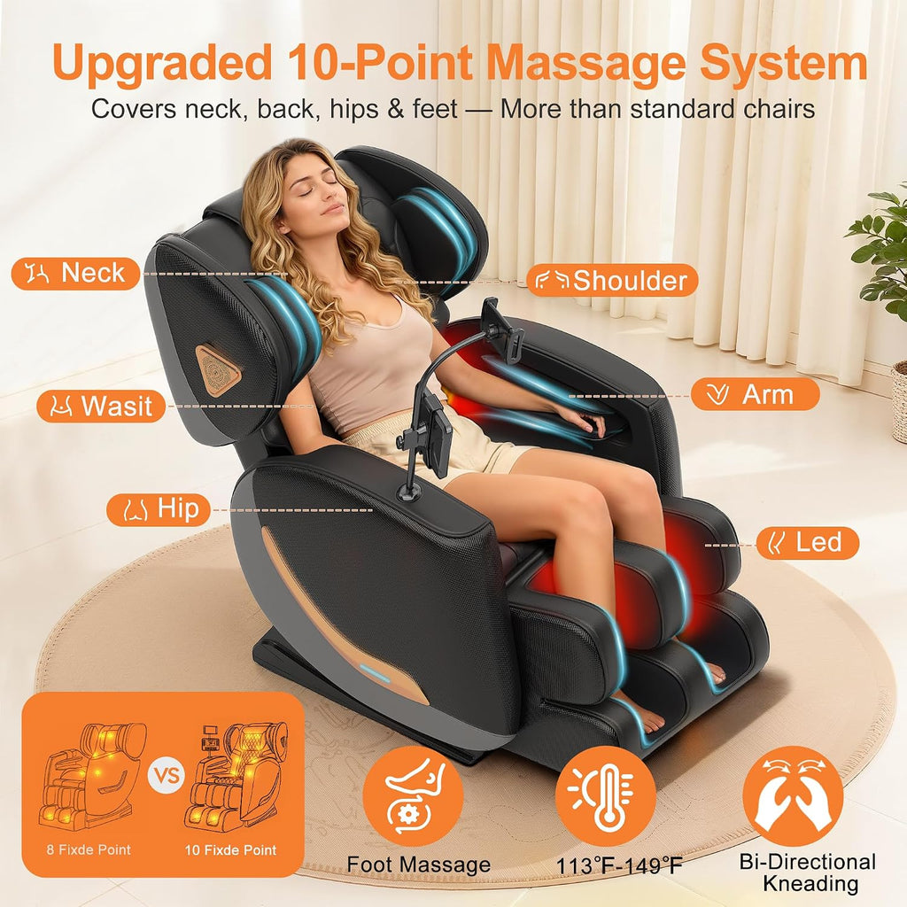 Massage Chair Full Body and Recliner, Zero Gravity Massage Chairs, 10 Fix Rollers, Airbags, Heating, Foot Massage, Auto Modes, Bluetooth Speaker and Touch Control Screen for Home and Office (Black)