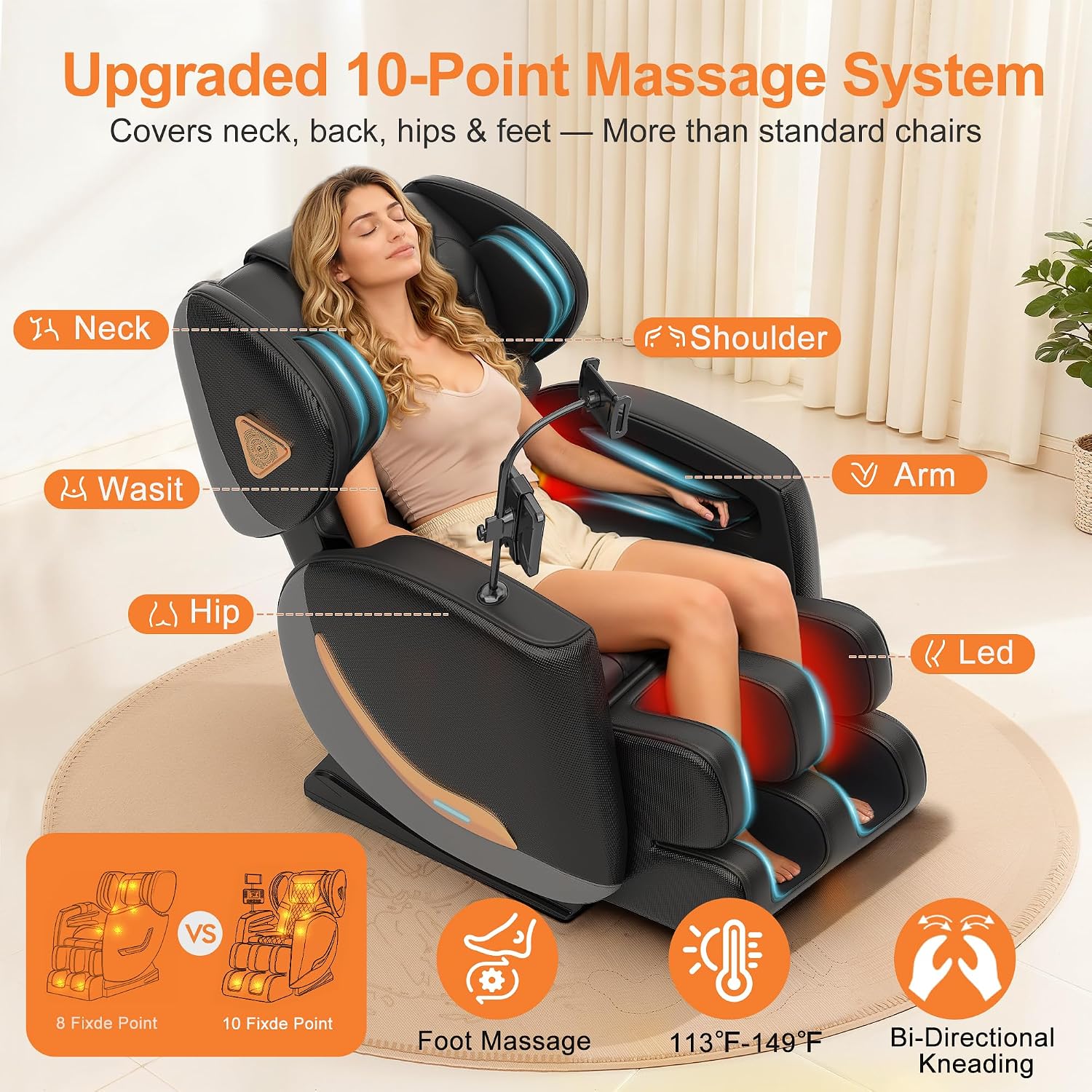 Massage Chair Full Body and Recliner, Zero Gravity Massage Chairs, 10 Fix Rollers, Airbags, Heating, Foot Massage, Auto Modes, Bluetooth Speaker and Touch Control Screen for Home and Office (Black)