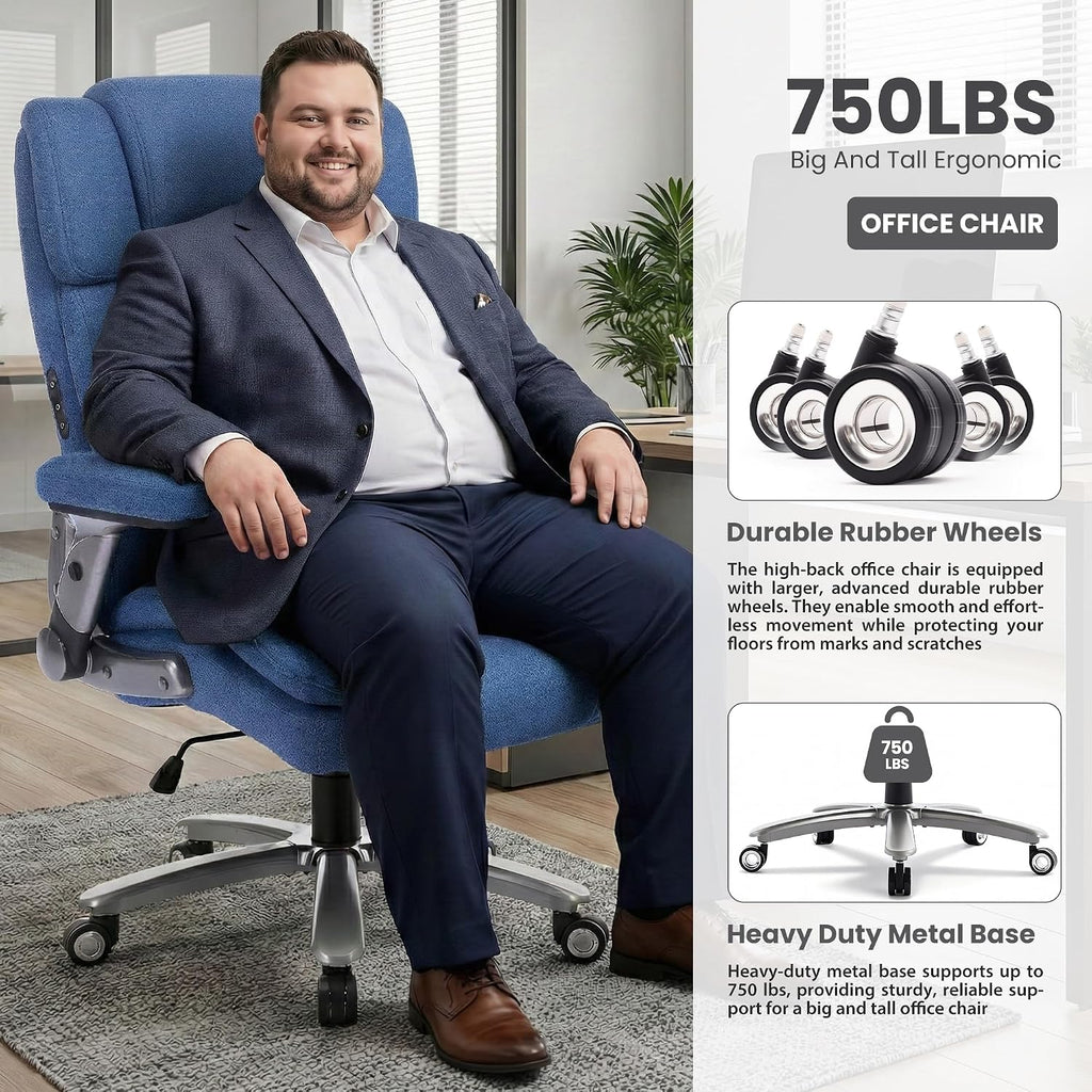 750lbs Heavy Duty Desk Chair with 3D Kneading Massage, Big and Tall Office Chairs with Ergonomic Support, 3D Armrests, 5 Quiet Dual Rubber Wheel, Thick Pocket Spring Cushion(Blue, Fabric)
