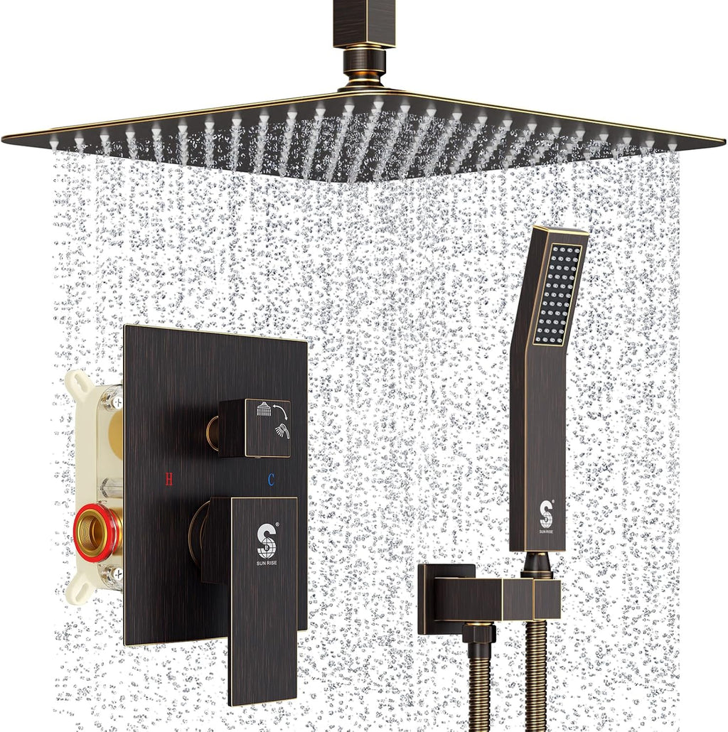 SR SUN RISE 12 Inch Oil Rubbed Bronze Shower System Brass Bathroom Luxury Rain Mixer Shower Combo Set Ceiling Mounted Rainfall Shower Head System Faucet Trim Repair Kits with Rough-In Valve and Trim