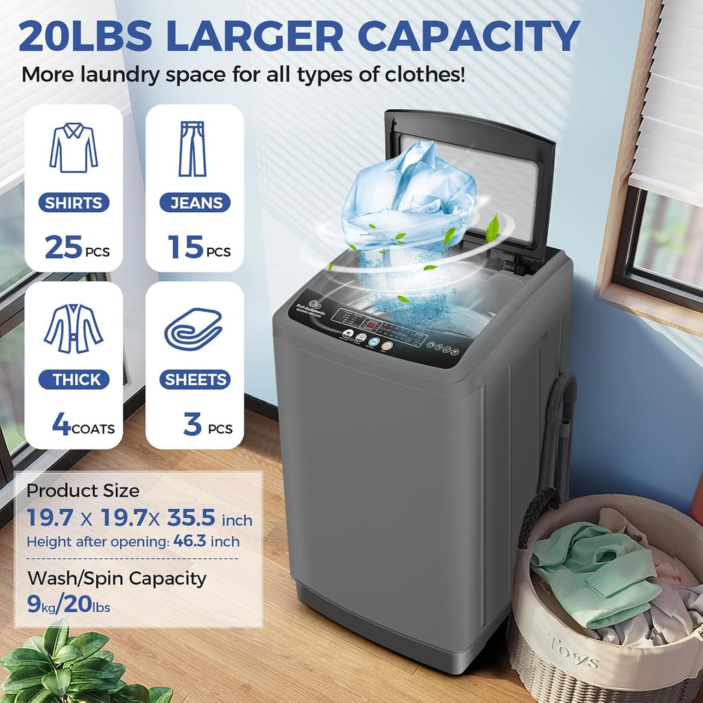 Nictemaw Portable Washing Machine, 20Lbs Capacity Washer Machine, 2.8Cu.ft Washer and Dryer Combo with Drain Pump, LED Display, 10 Programs & 8 Water Levels Laundry Machine, Slow-Close Glass Lid