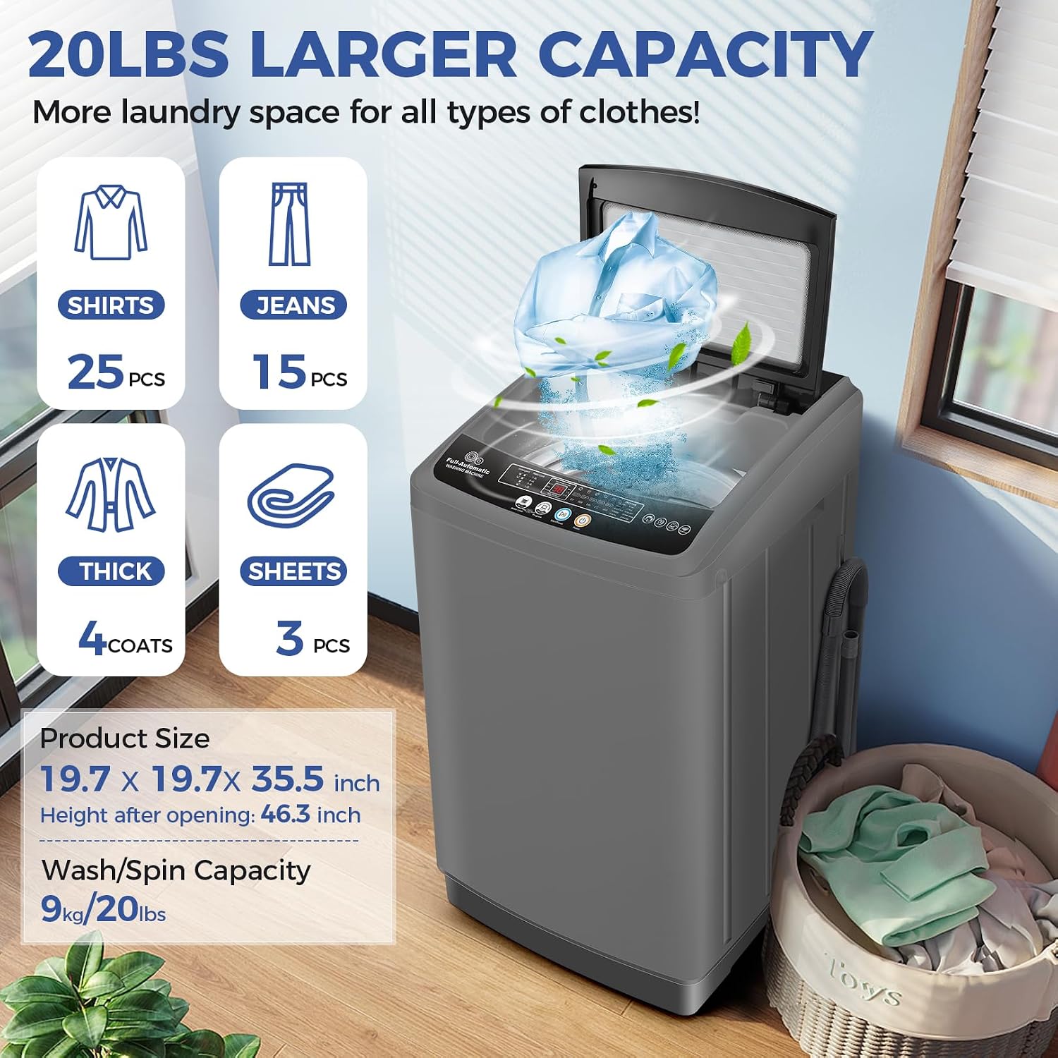 Nictemaw Portable Washing Machine, 20Lbs Capacity Washer Machine, 2.8Cu.ft Washer and Dryer Combo with Drain Pump, LED Display, 10 Programs & 8 Water Levels Laundry Machine, Slow-Close Glass Lid
