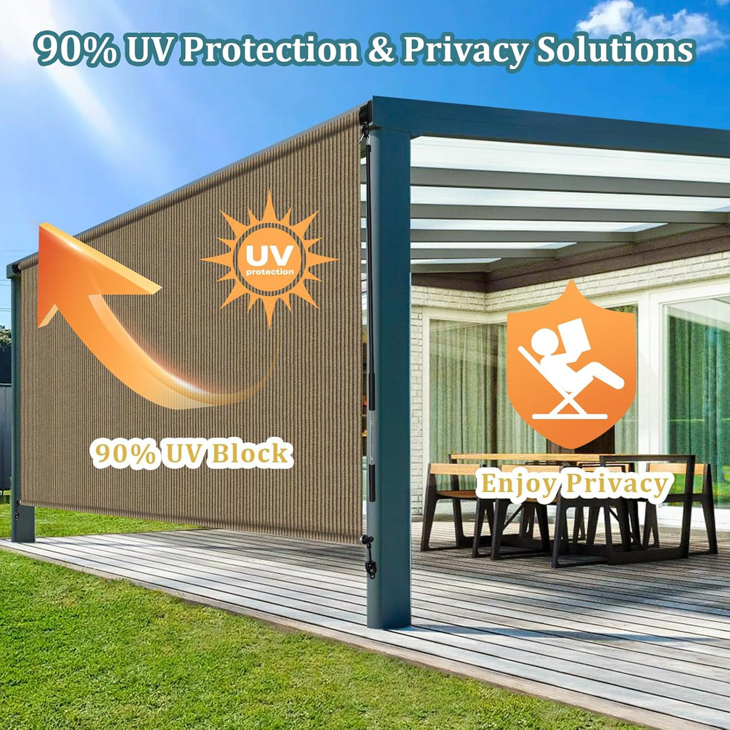 Shade&Beyond Patio Shades Roll Up Outdoor 9' W x 8' H, Cordless Roller Shade Blinds with 90% UV Protection, Exterior Sunshade Cloth Roll for Pergola Porch Gazebo Balcony, Coffee Brown