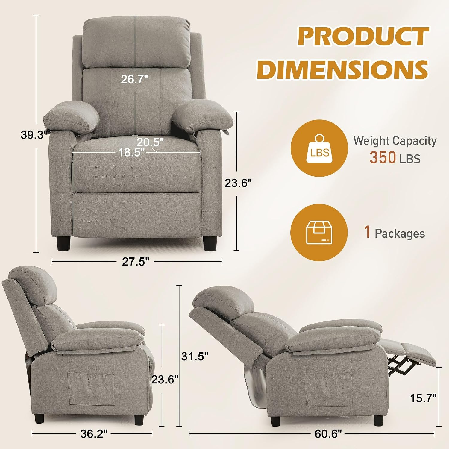 Korser Recliner Chair, Living Room Chairs for Adults, Padded Deep Seat Reading Chair with Side Pockets, Small Recliners for Small Spaces, Lounge Chair for Living Room, Bedroom, and RV (Linen)