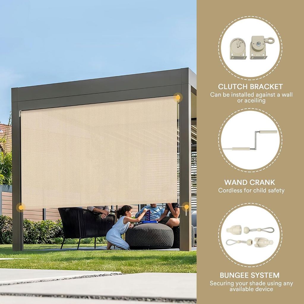 DIFY 9 * 8FT Outdoor Roller Shade, Cordless Patio Roller Up Blinds for Yard Deck Porch, Wand Crank Operation, Wheat