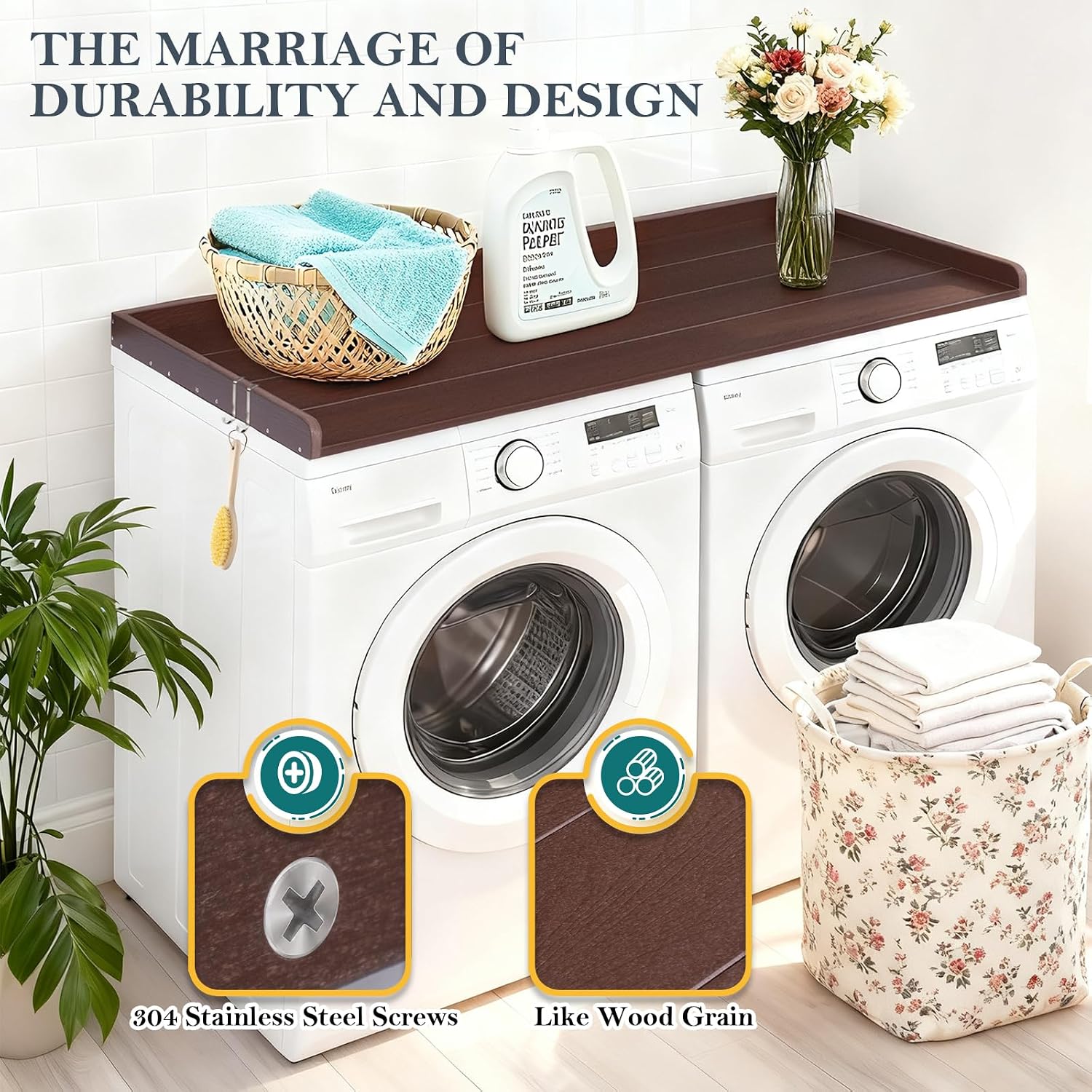 HDPE Washer Dryer Countertop, 54' x 27' Laundry Countertop with 2 Hooks & Non-Slip Pads, Washer and Dryer Topper for Laundry Room Organization, No-Installation(Brown)
