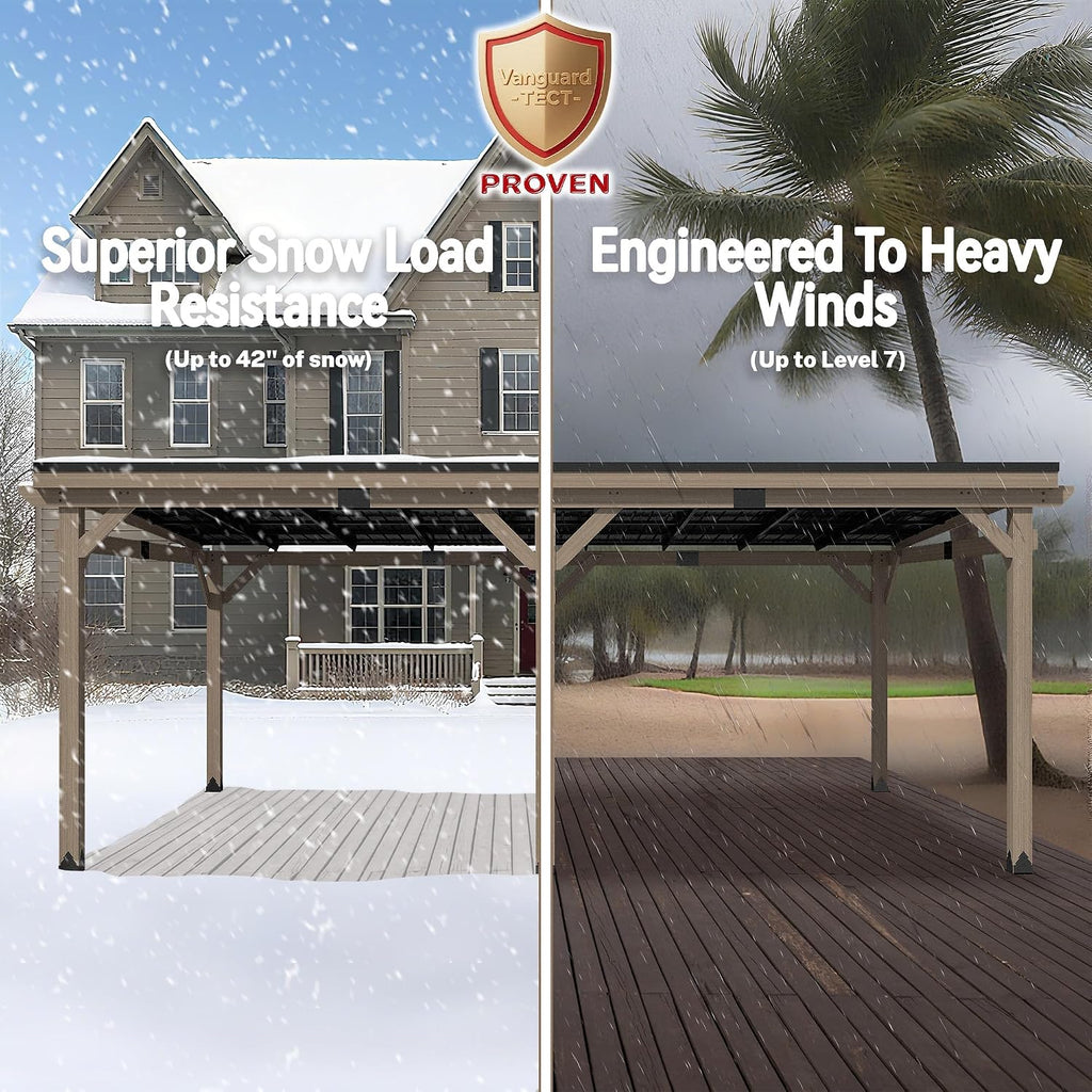 12x20FT Wall Mounted Gazebo Ceder Wood Lean to Gazebo with Sloping Roof Outdoor Hardtop Pergola Awnings with Galvanized Steel Roof for Patio, Deck, Backyard